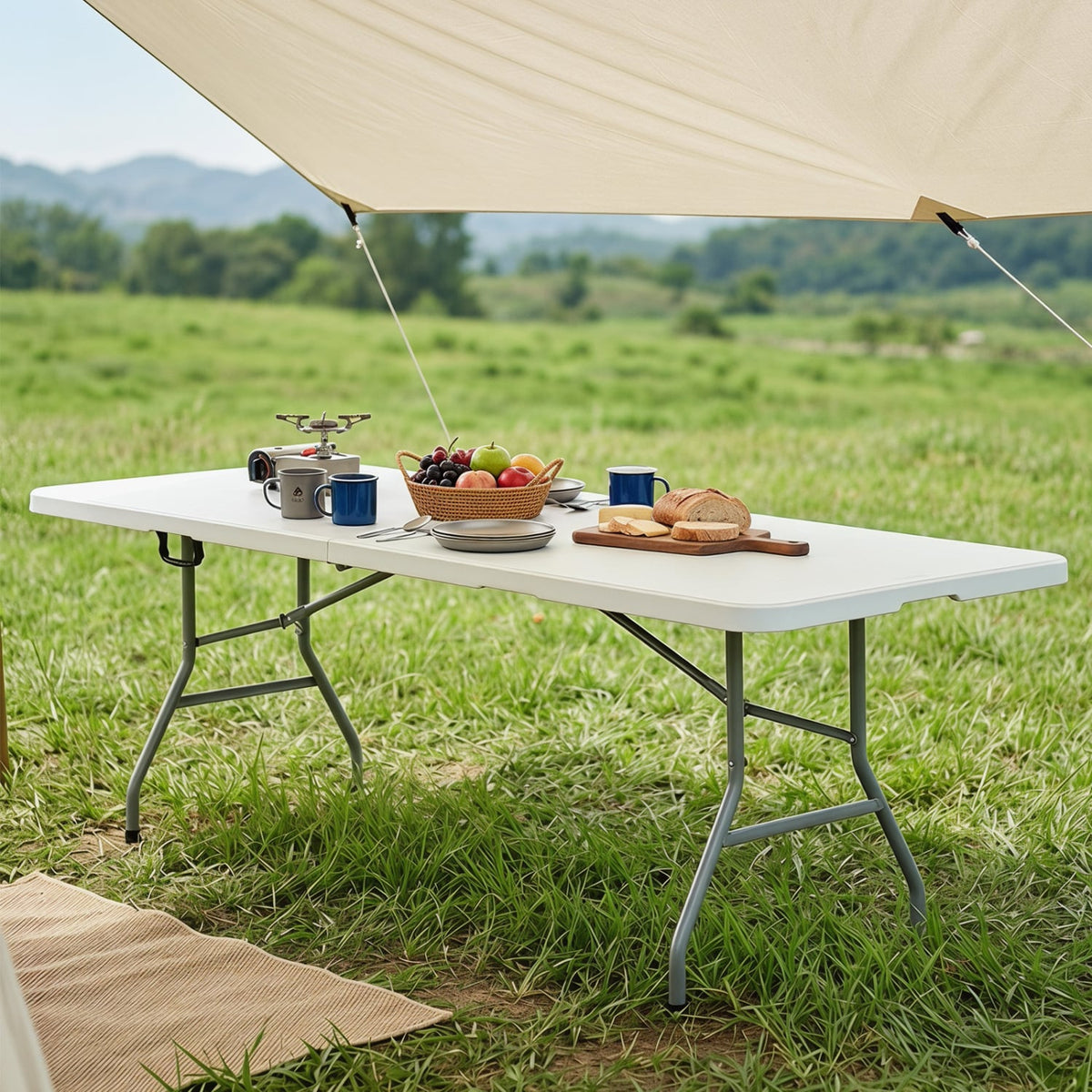 8 ft Portable Folding Table 350 LBS Fold-in-Half Table with HDPE Tabletop-White-Camping Furniture-DECOROLALA