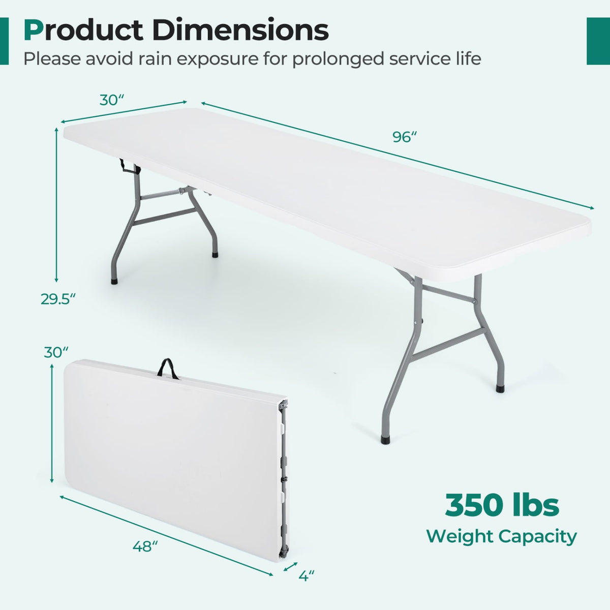 8 ft Portable Folding Table 350 LBS Fold-in-Half Table with HDPE Tabletop-White-Camping Furniture-DECOROLALA