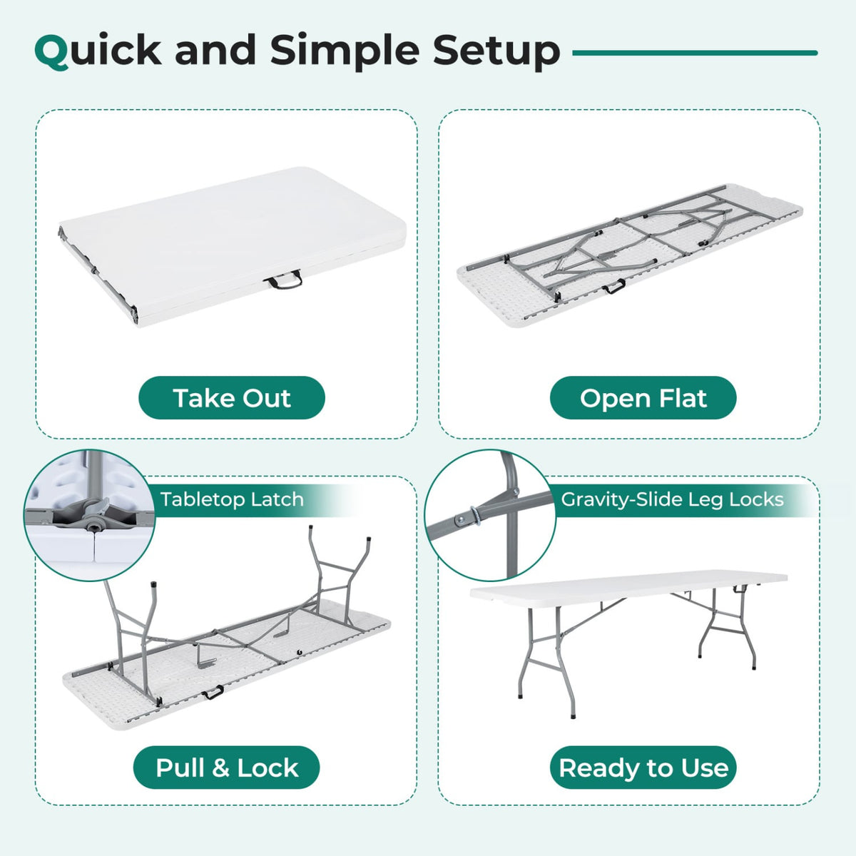 8 ft Portable Folding Table 350 LBS Fold-in-Half Table with HDPE Tabletop-White-Camping Furniture-DECOROLALA