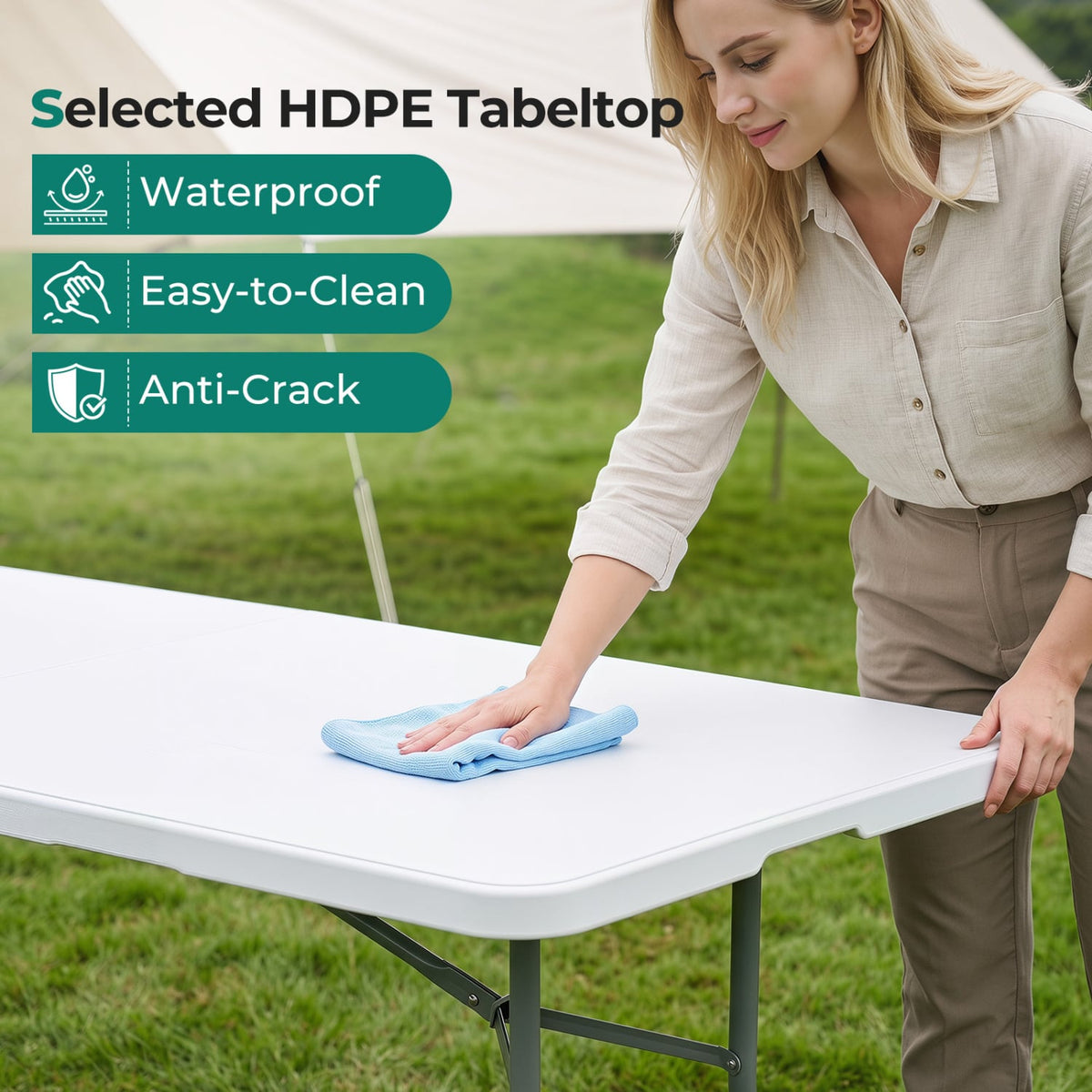 8 ft Portable Folding Table 350 LBS Fold-in-Half Table with HDPE Tabletop-White-Camping Furniture-DECOROLALA