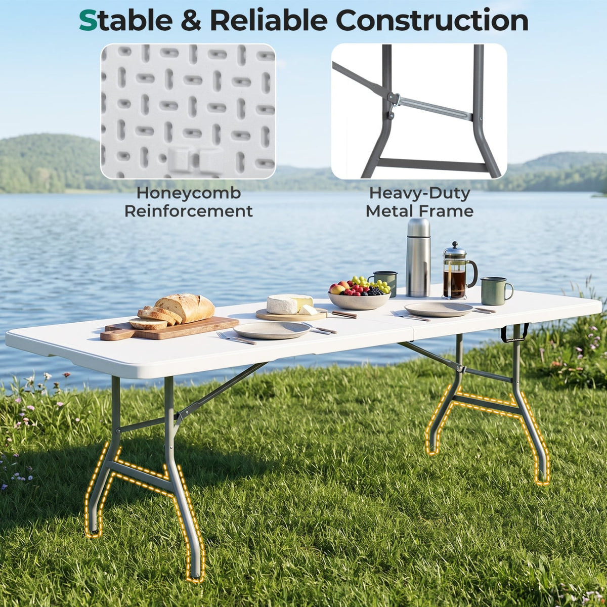 8 ft Portable Folding Table 350 LBS Fold-in-Half Table with HDPE Tabletop-White-Camping Furniture-DECOROLALA