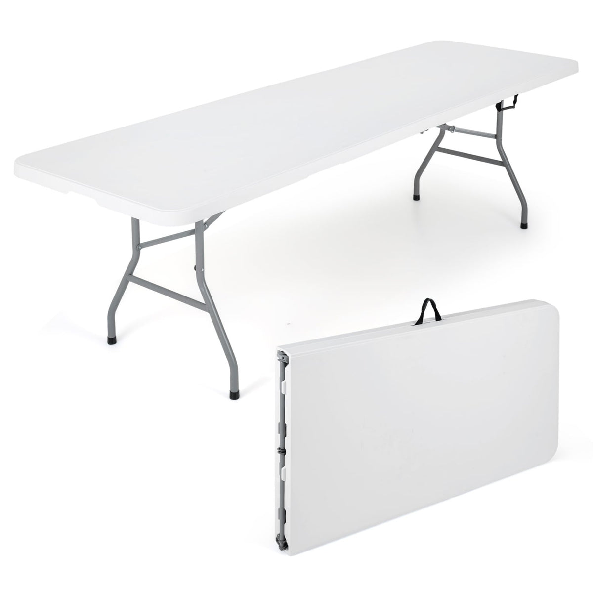 8 ft Portable Folding Table 350 LBS Fold-in-Half Table with HDPE Tabletop-White-Camping Furniture-DECOROLALA