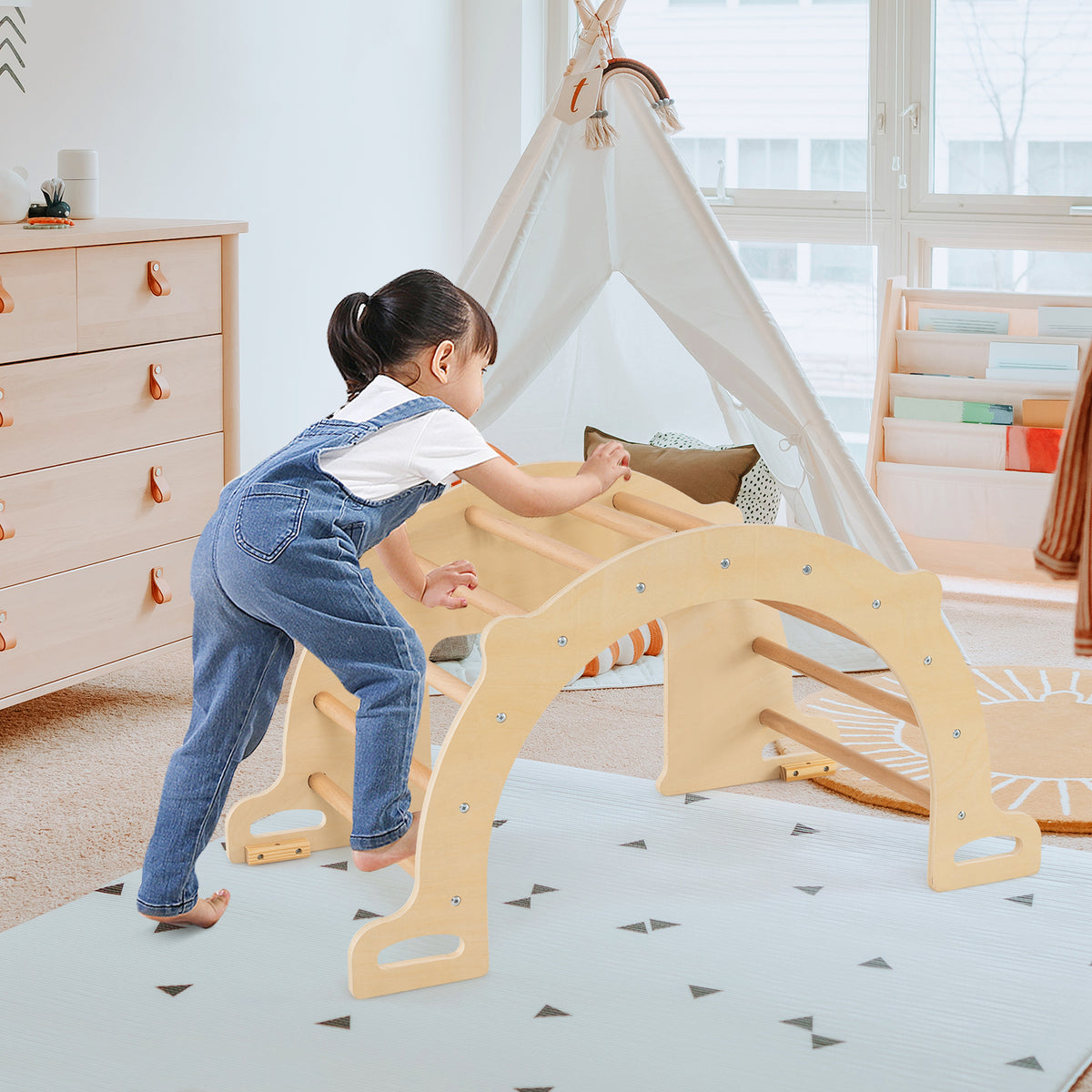 8-in-1 Montessori Climbing Arch and Sensory Table - Natural Wood