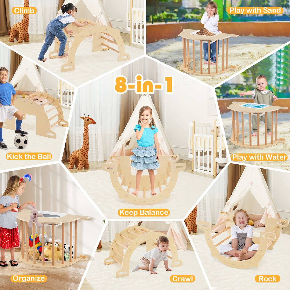 8-in-1 Montessori Climbing Arch and Sensory Table - Natural Wood