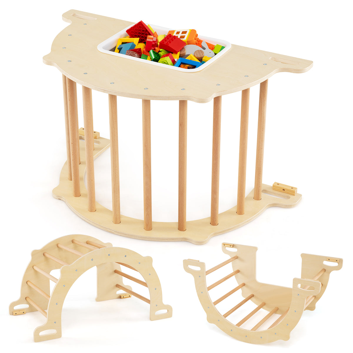 8-in-1 Montessori Climbing Arch and Sensory Table - Natural Wood
