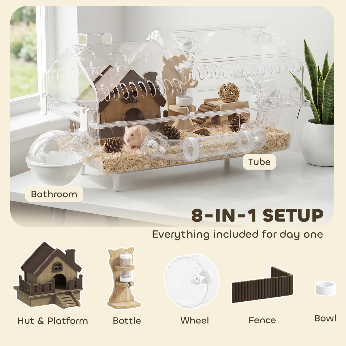 8 in 1 Dwarf Hamster Cage with Wood Accessories - 21.5" x 12"-Small Animals-DECOROLALA
