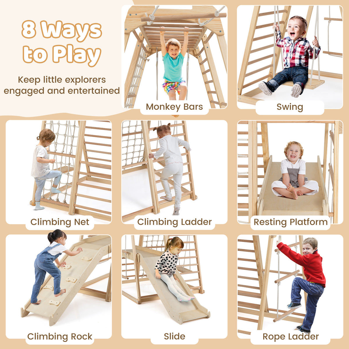 8-in-1 Jungle Gym Wooden Montessori Climber Playset with Slide and Monkey Bar for Kids 3-5 Years Old