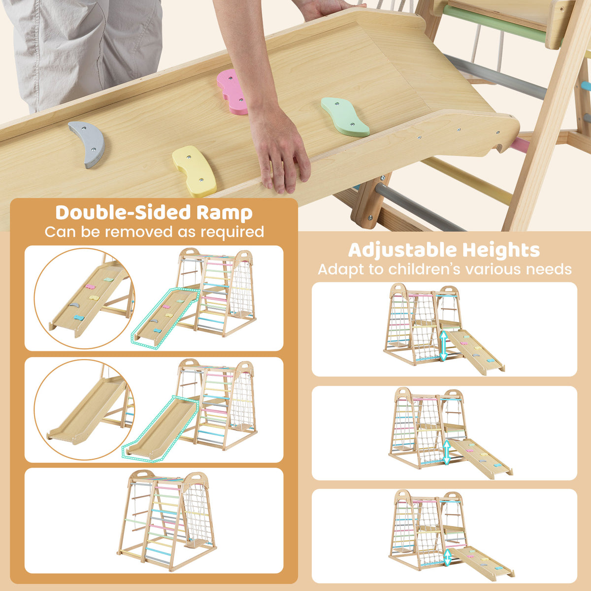 8-in-1 Jungle Gym Wooden Montessori Climber Playset with Slide and Monkey Bar for Kids 3-5 Years Old