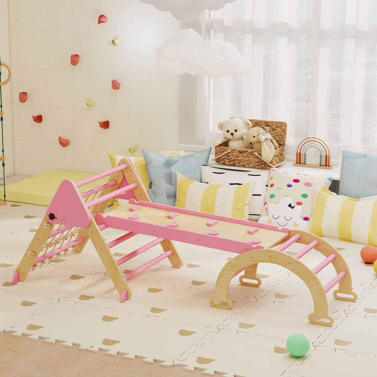 8-in-1 Pikler Triangle Set, Foldable Wooden Climbing Toys with Arch, Ramp and Ladder for Ages 18-48 Mouths-Toys & Games > Baby & Toddler Toys > Kids Gym & Playmats-DECOROLALA