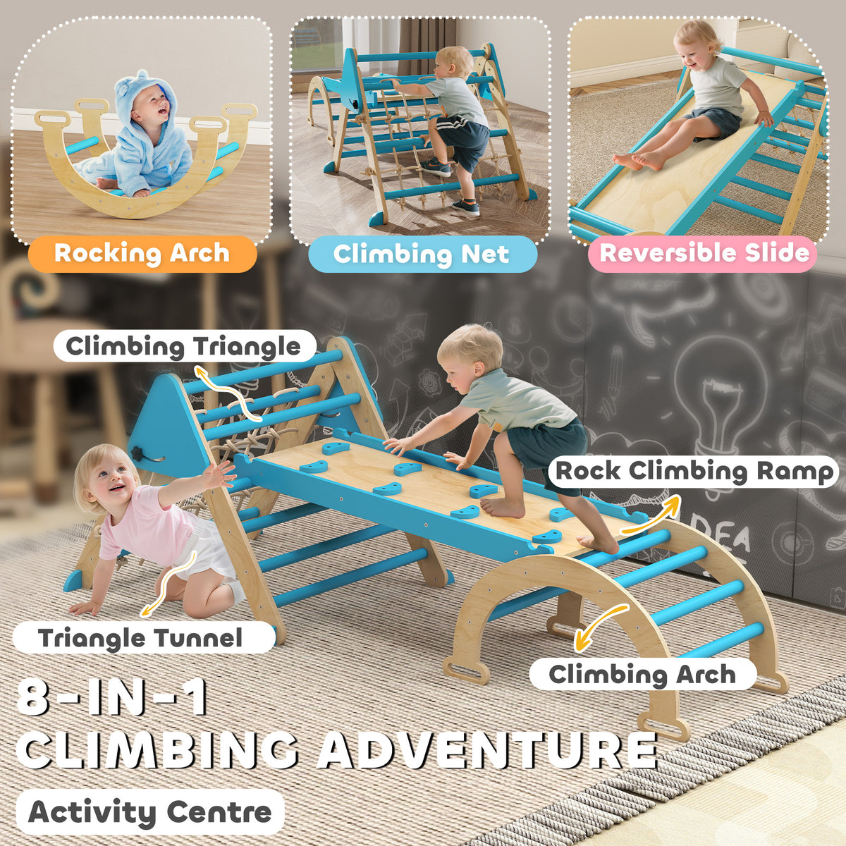 8-in-1 Pikler Triangle Set, Foldable Wooden Climbing Toys with Arch, Ramp and Ladder for Ages 18-48 Mouths-Toys & Games > Baby & Toddler Toys > Kids Gym & Playmats-DECOROLALA
