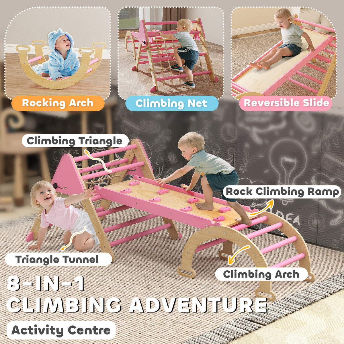 8-in-1 Pikler Triangle Set, Foldable Wooden Climbing Toys with Arch, Ramp and Ladder for Ages 18-48 Mouths-Toys & Games > Baby & Toddler Toys > Kids Gym & Playmats-DECOROLALA