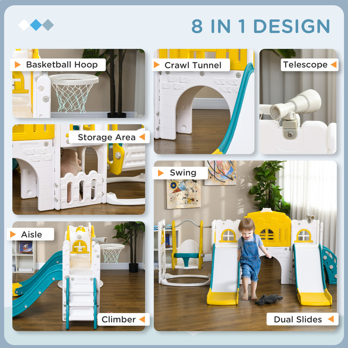 8-in-1 Toddler Slide and Swing Set - White/Yellow 1-3 Years-Toys & Games > Kids Outdoor Play > Gym Sets & Swings-DECOROLALA