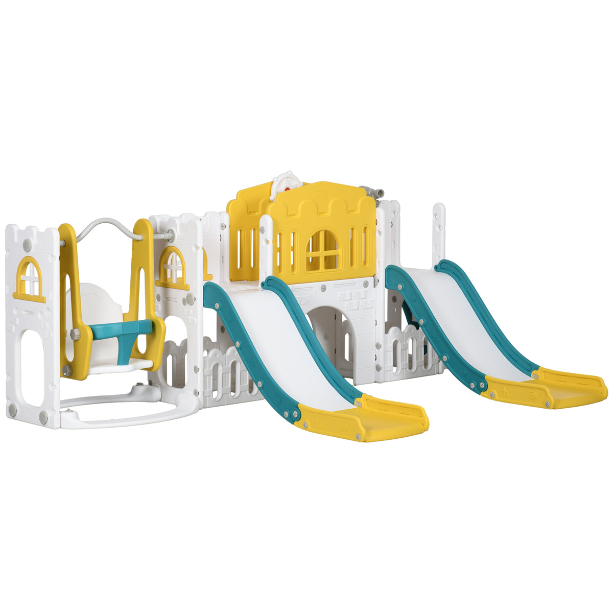 8 in 1 Slide and Swing Set, Toddler Slide Set with Basketball Hoop, Climber, Steering Wheel, for Aged 1-3 Years, Yellow-Toys & Games > Kids Outdoor Play > Gym Sets & Swings-DECOROLALA