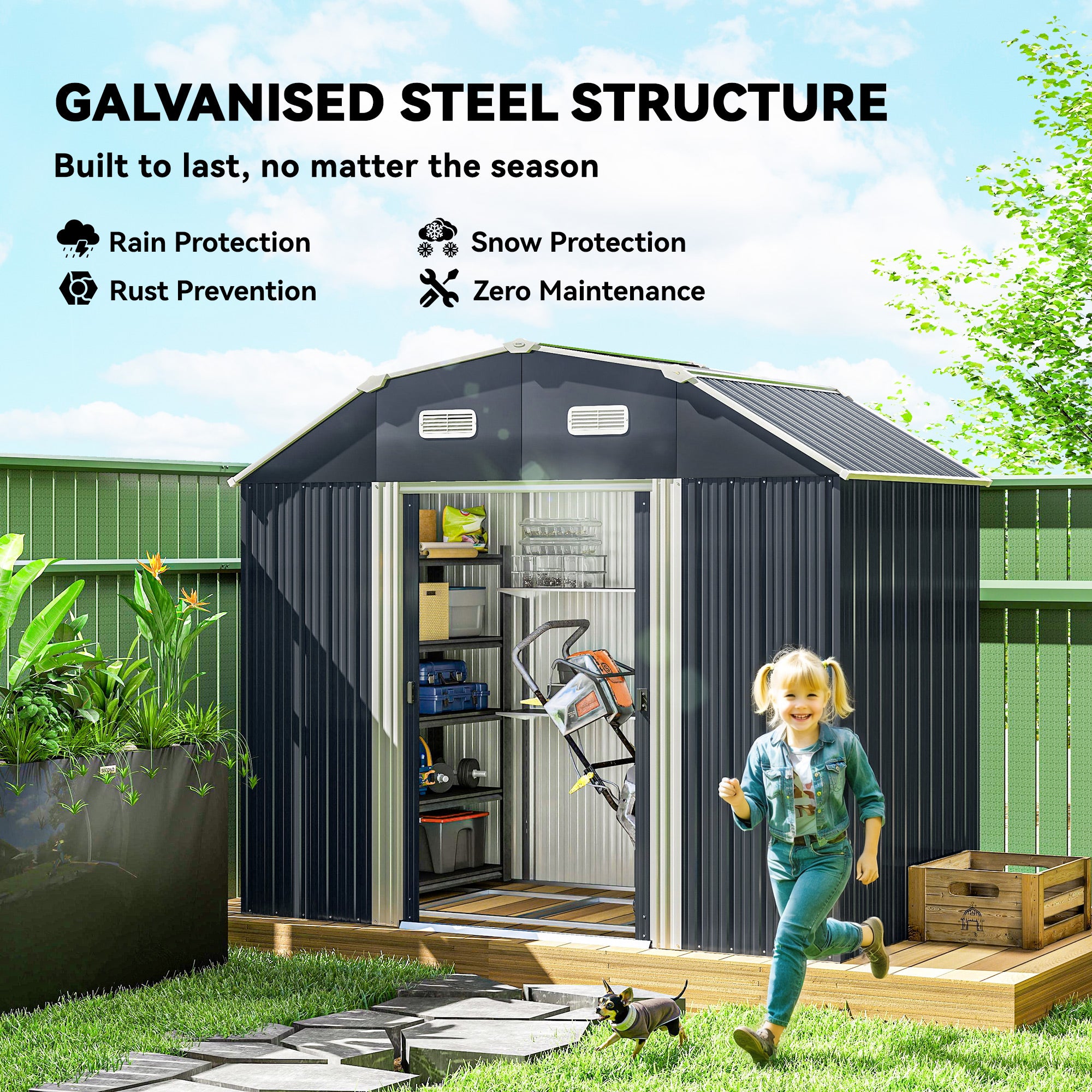 8' x 4' Galvanized Outdoor Storage Shed - Dark Grey-Patio & Garden > Lawn & Garden > Sheds-DECOROLALA