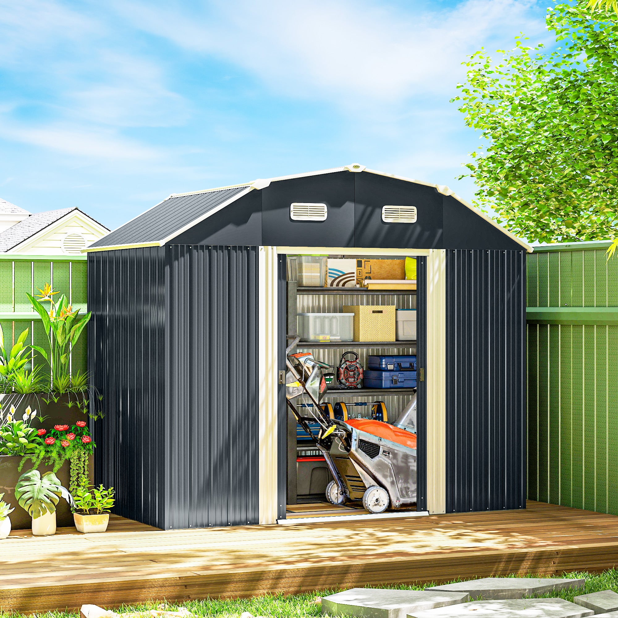 8' x 4' Galvanized Outdoor Storage Shed - Dark Grey-Patio & Garden > Lawn & Garden > Sheds-DECOROLALA