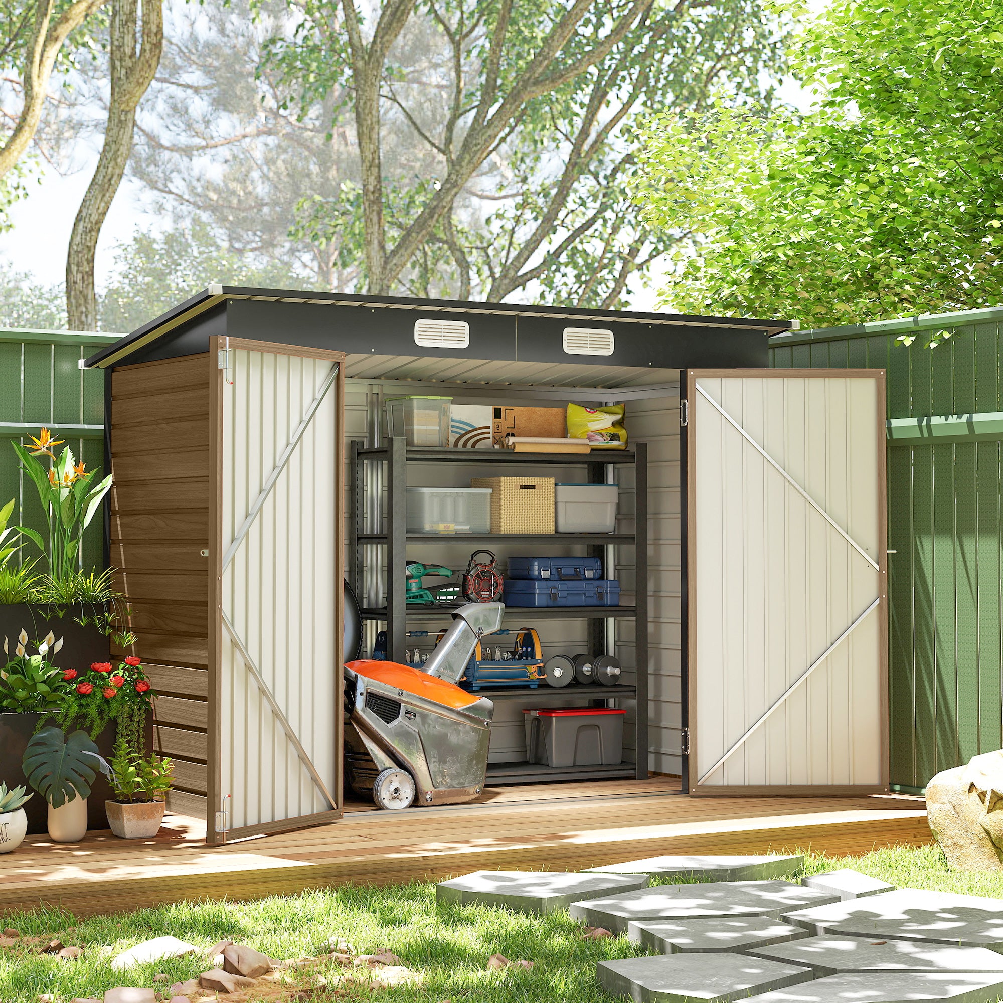 8 x 4 ft Galvanized Steel Garden Storage Shed - Teak-Patio & Garden > Lawn & Garden > Sheds-DECOROLALA