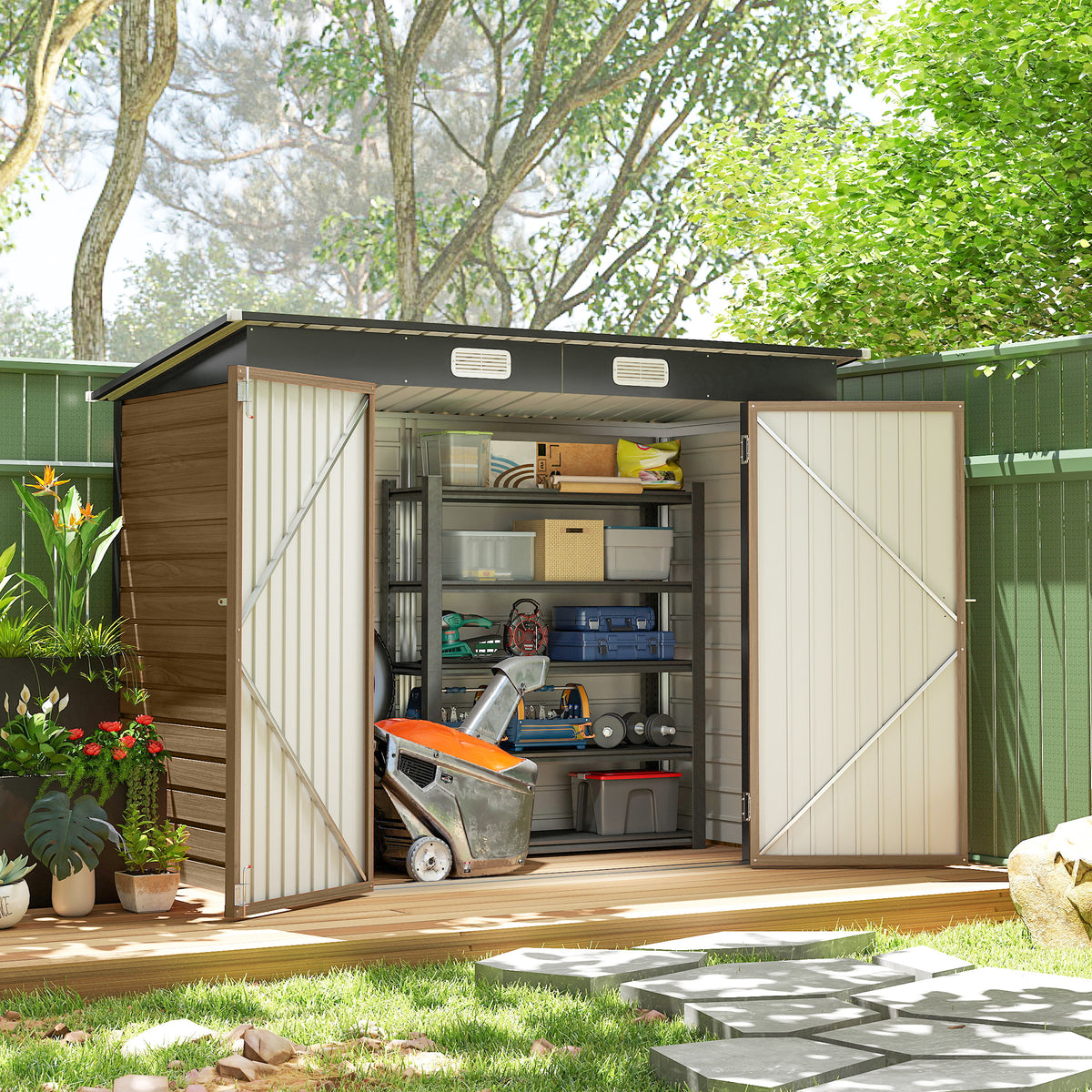 8 x 4 ft Galvanized Steel Garden Storage Shed - Teak-Patio & Garden > Lawn & Garden > Sheds-DECOROLALA