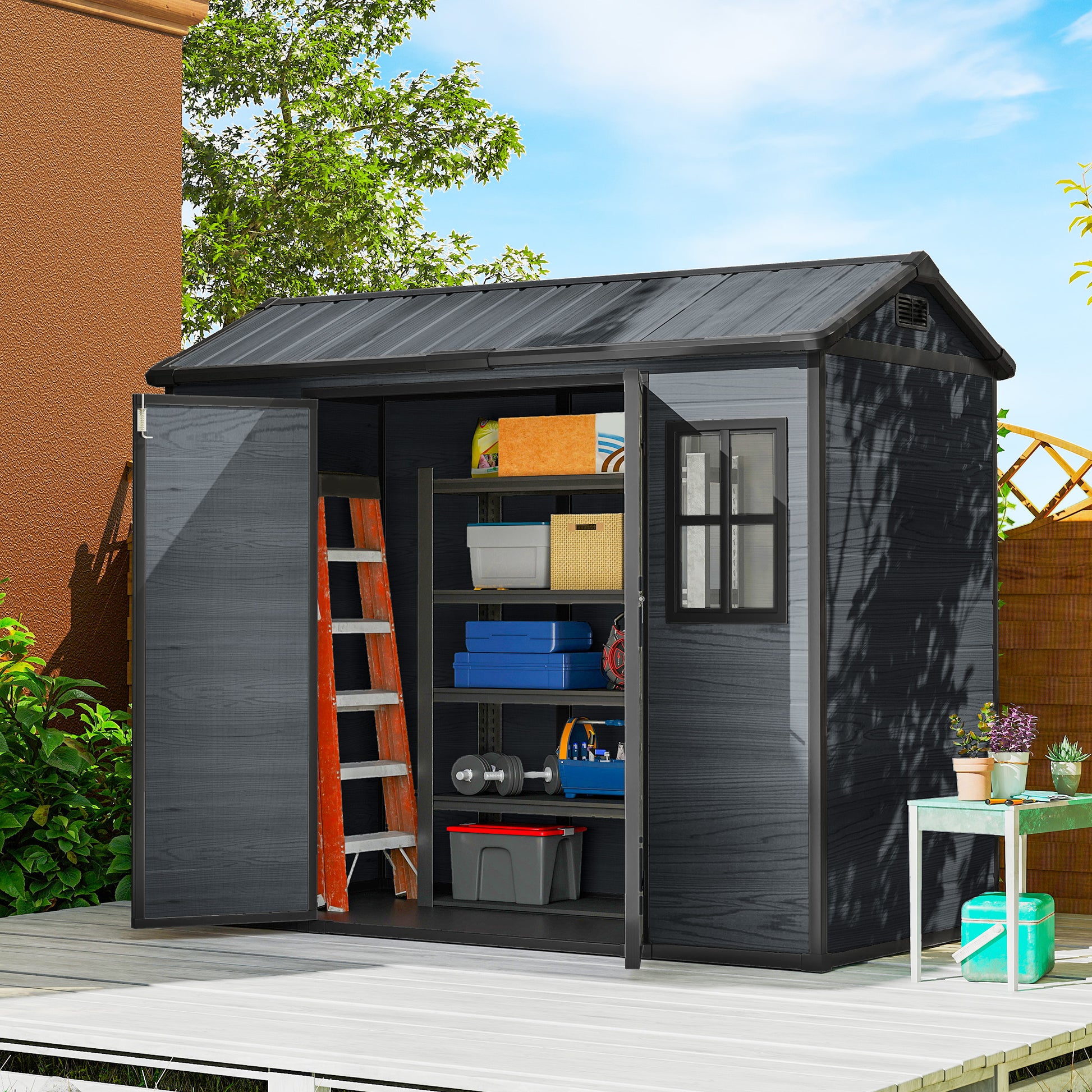 8 x 4 ft Plastic Garden Shed - Wood-Effect Dark Grey-Patio & Garden > Lawn & Garden > Sheds-DECOROLALA