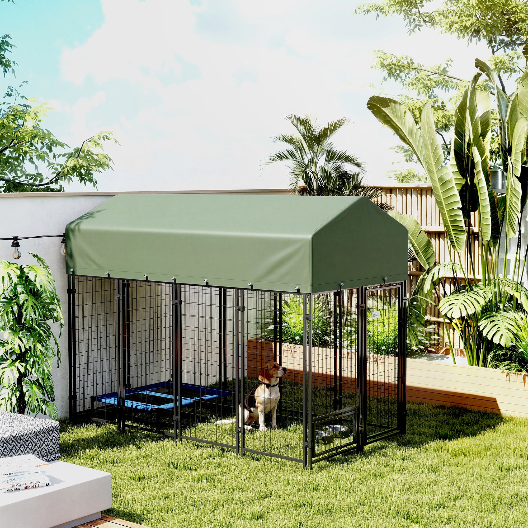 8' x 4' x 6' Outdoor Dog Kennel with Rotating Bowls - Green-Dogs-DECOROLALA
