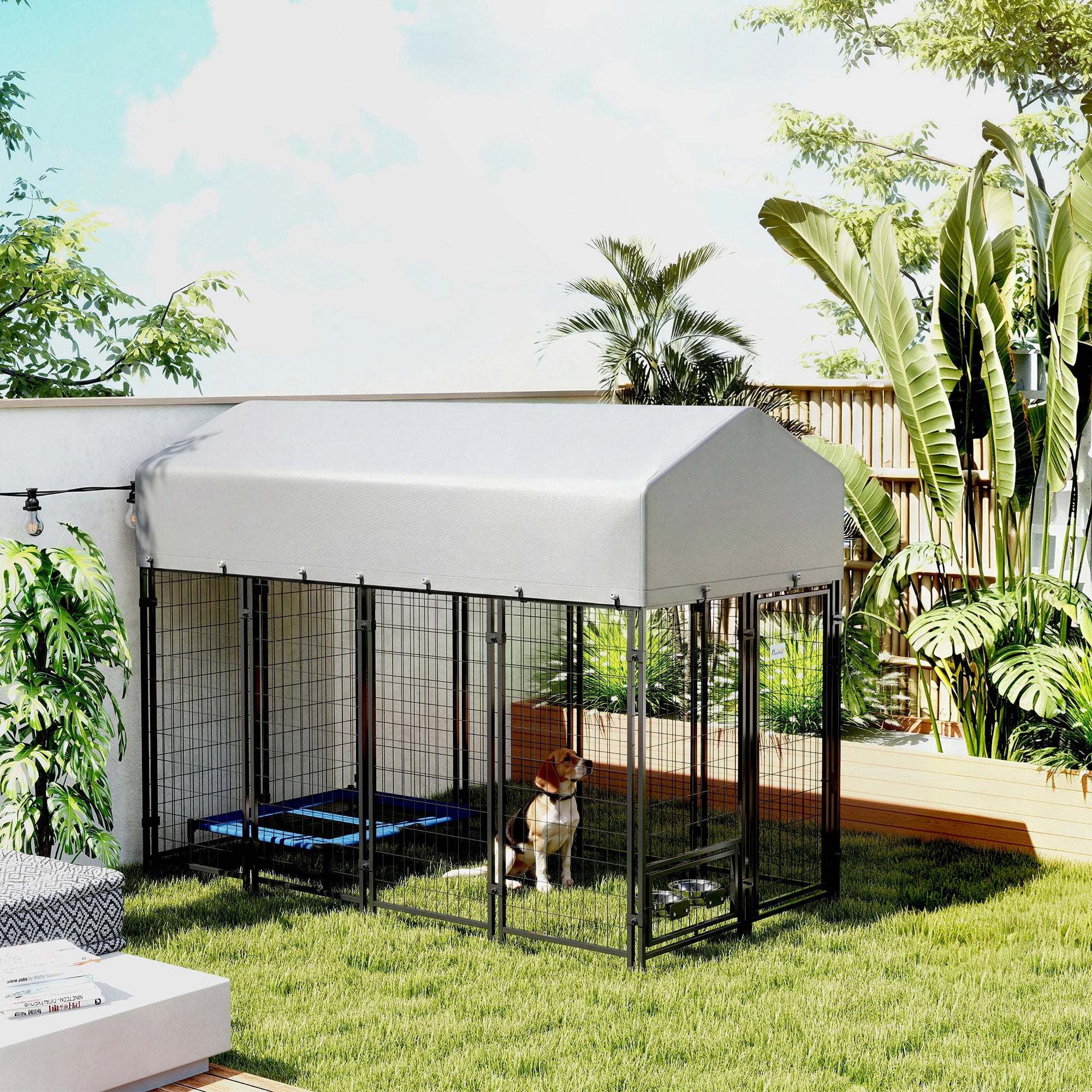 8' x 4' x 6' Outdoor Dog Kennel with Rotating Bowls - Silver-Dogs-DECOROLALA