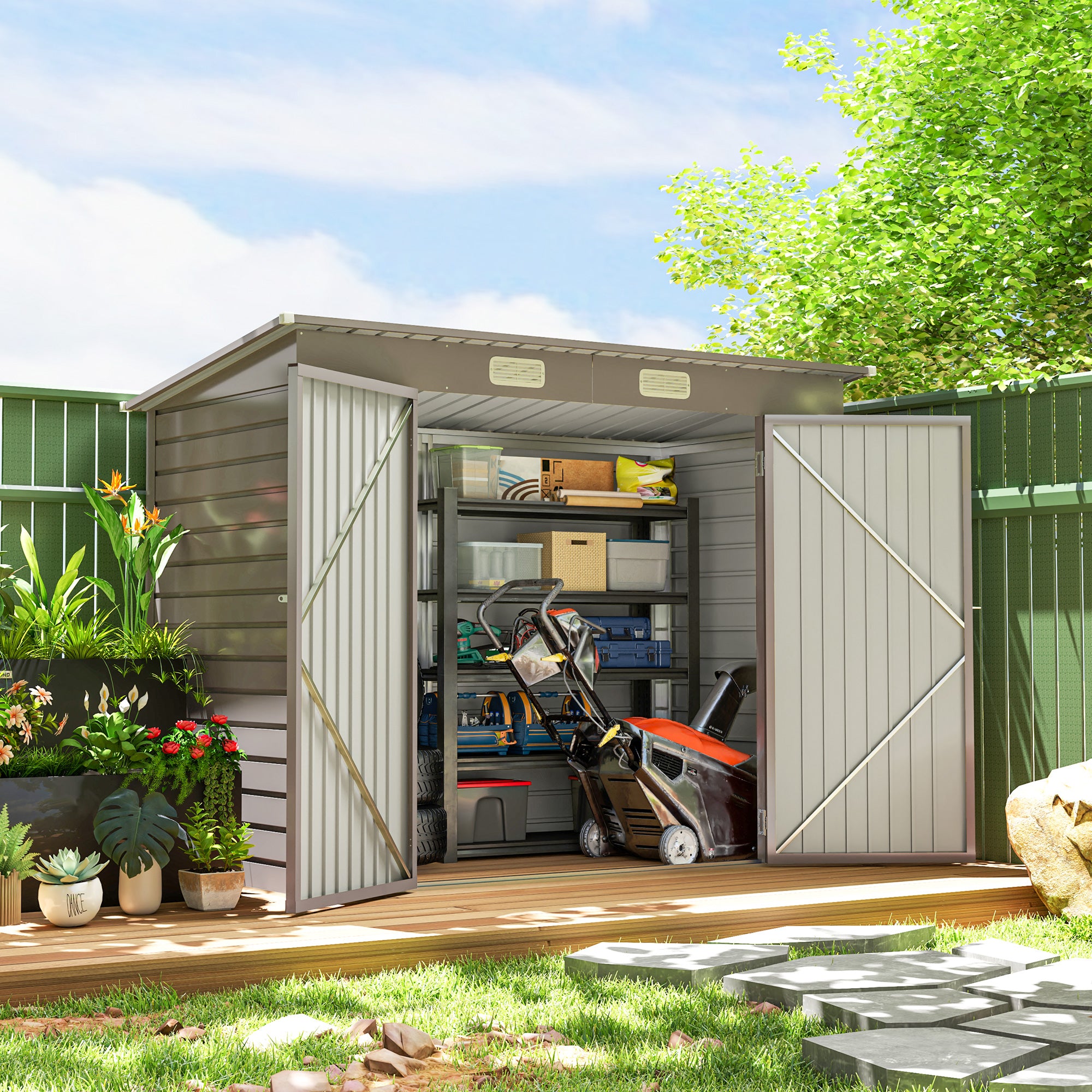 8 x 4FT Galvanized Metal Garden Storage Shed - Light Grey-Patio & Garden > Lawn & Garden > Sheds-DECOROLALA