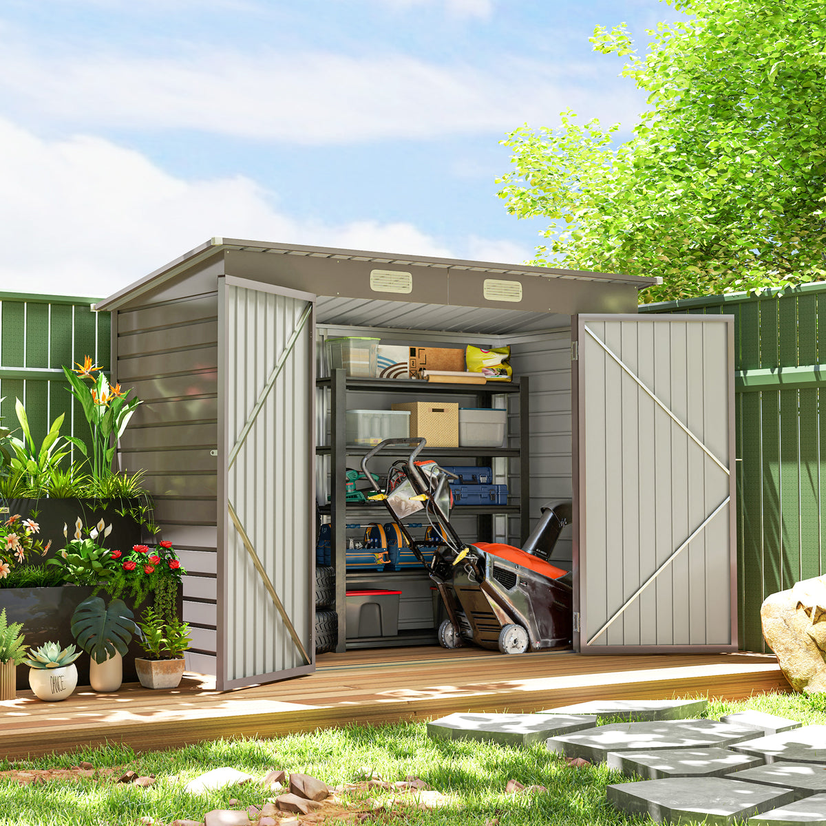 8 x 4FT Galvanized Metal Garden Storage Shed - Light Grey-Storage Sheds-DECOROLALA