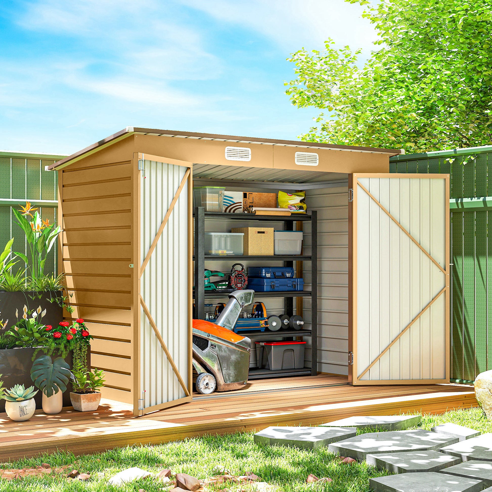 8 x 4FT Galvanized Metal Garden Storage Shed - Yellow-Patio & Garden > Lawn & Garden > Sheds-DECOROLALA