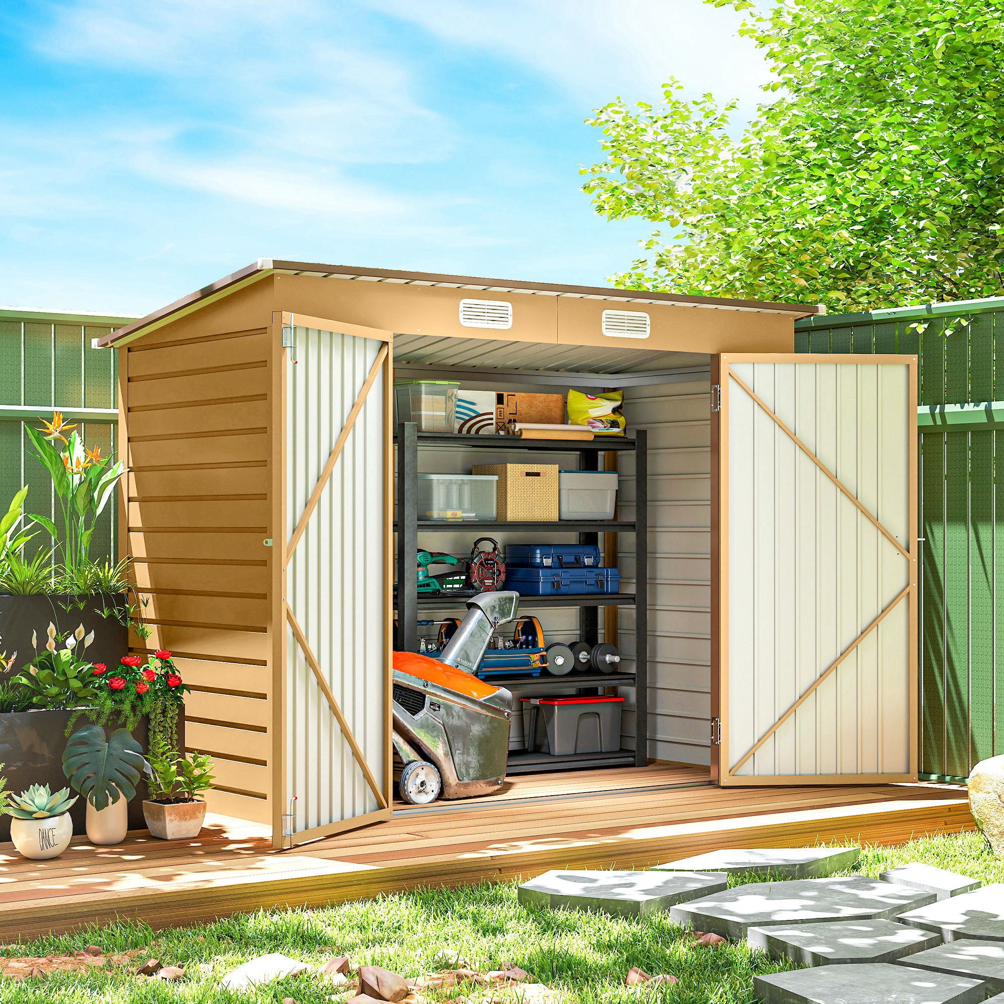 8 x 4FT Galvanized Metal Garden Storage Shed - Yellow-Patio & Garden > Lawn & Garden > Sheds-DECOROLALA