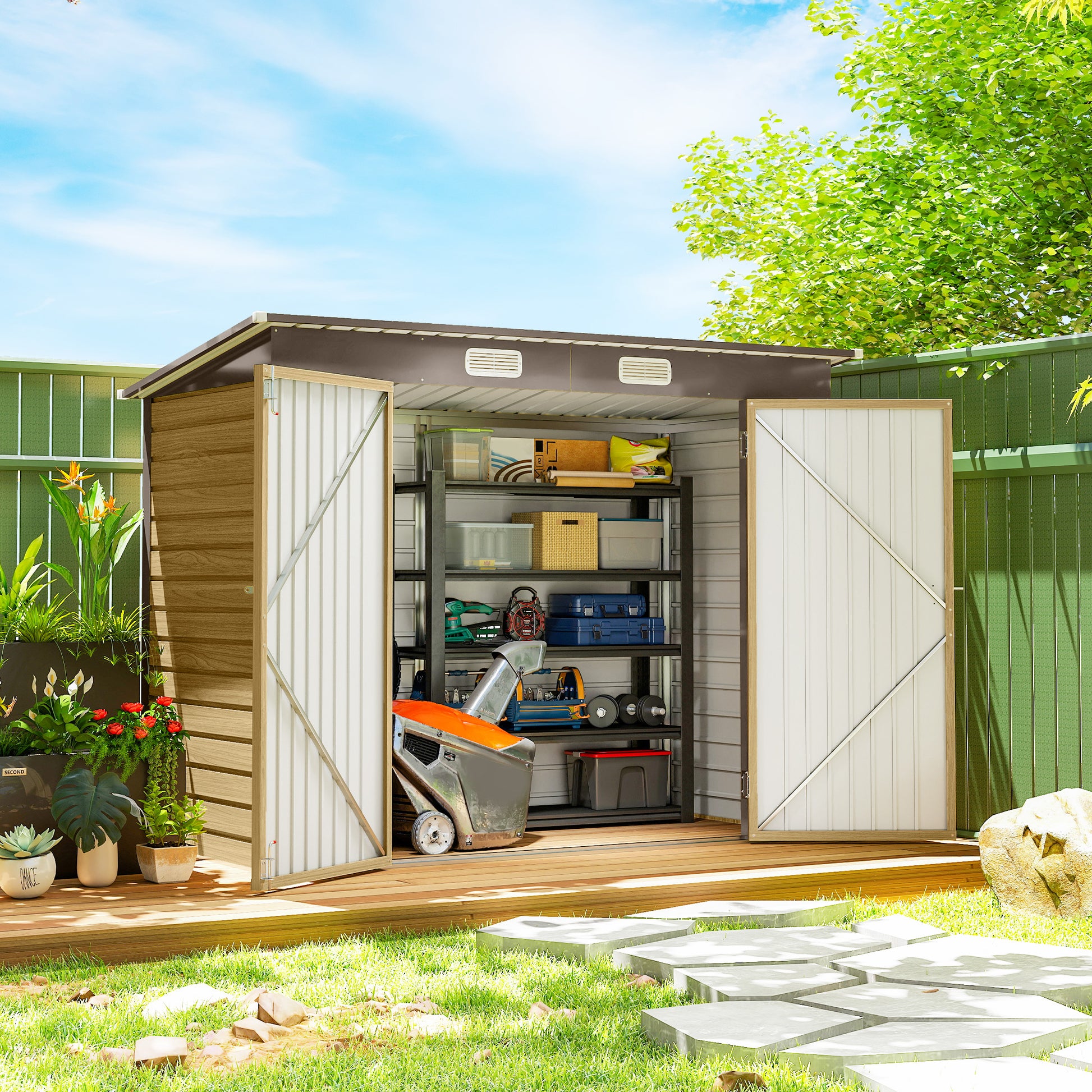 8 x 4FT Galvanized Steel Garden Storage Shed - Oak-Patio & Garden > Lawn & Garden > Sheds-DECOROLALA