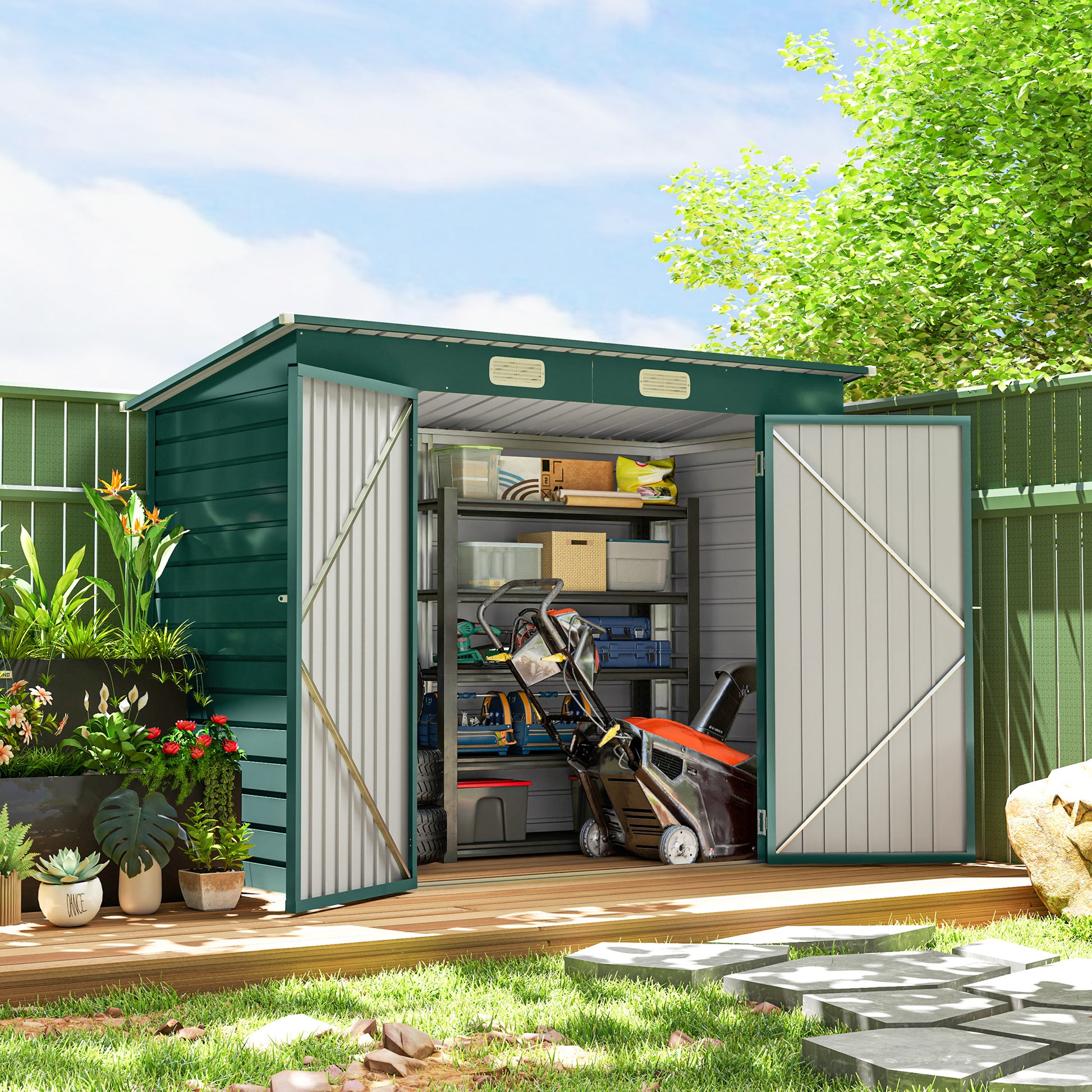 8 x 4ft Galvanized Garden Storage Shed - Green Metal Outdoor-Patio & Garden > Lawn & Garden > Sheds-DECOROLALA