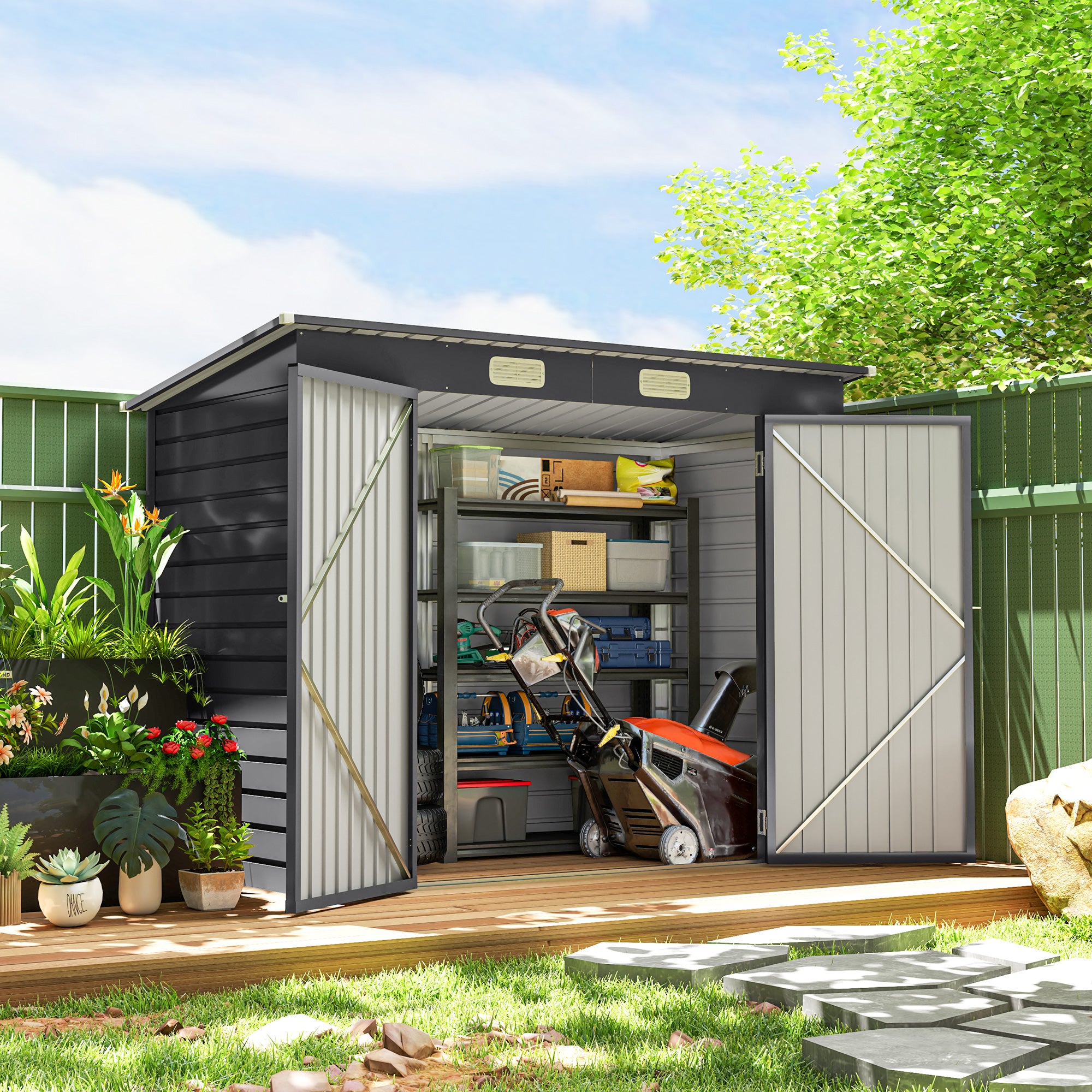 8 x 4ft Galvanized Steel Garden Storage Shed - Grey-Patio & Garden > Lawn & Garden > Sheds-DECOROLALA
