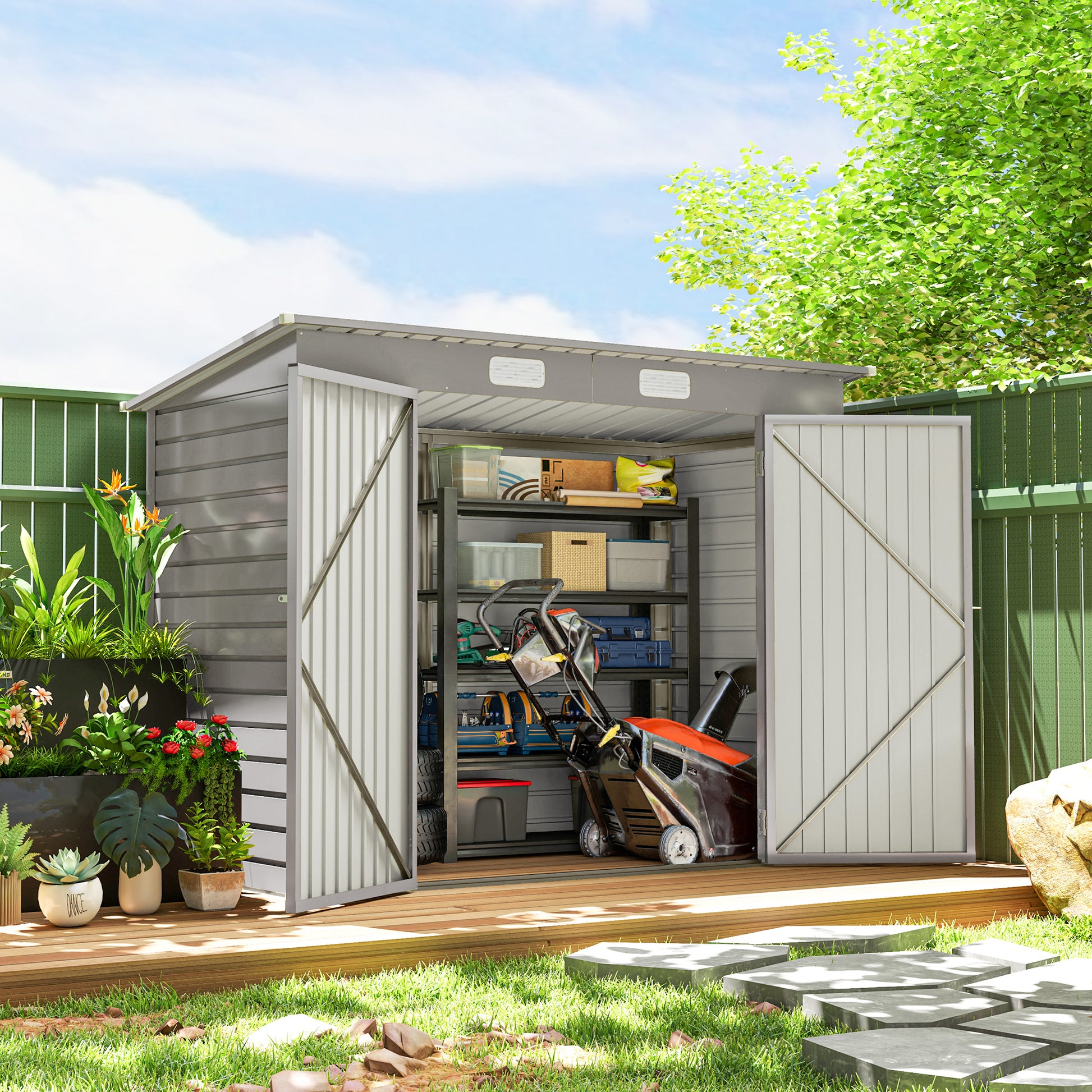 8 x 4ft Galvanized Steel Garden Storage Shed - Light Grey-Patio & Garden > Lawn & Garden > Sheds-DECOROLALA