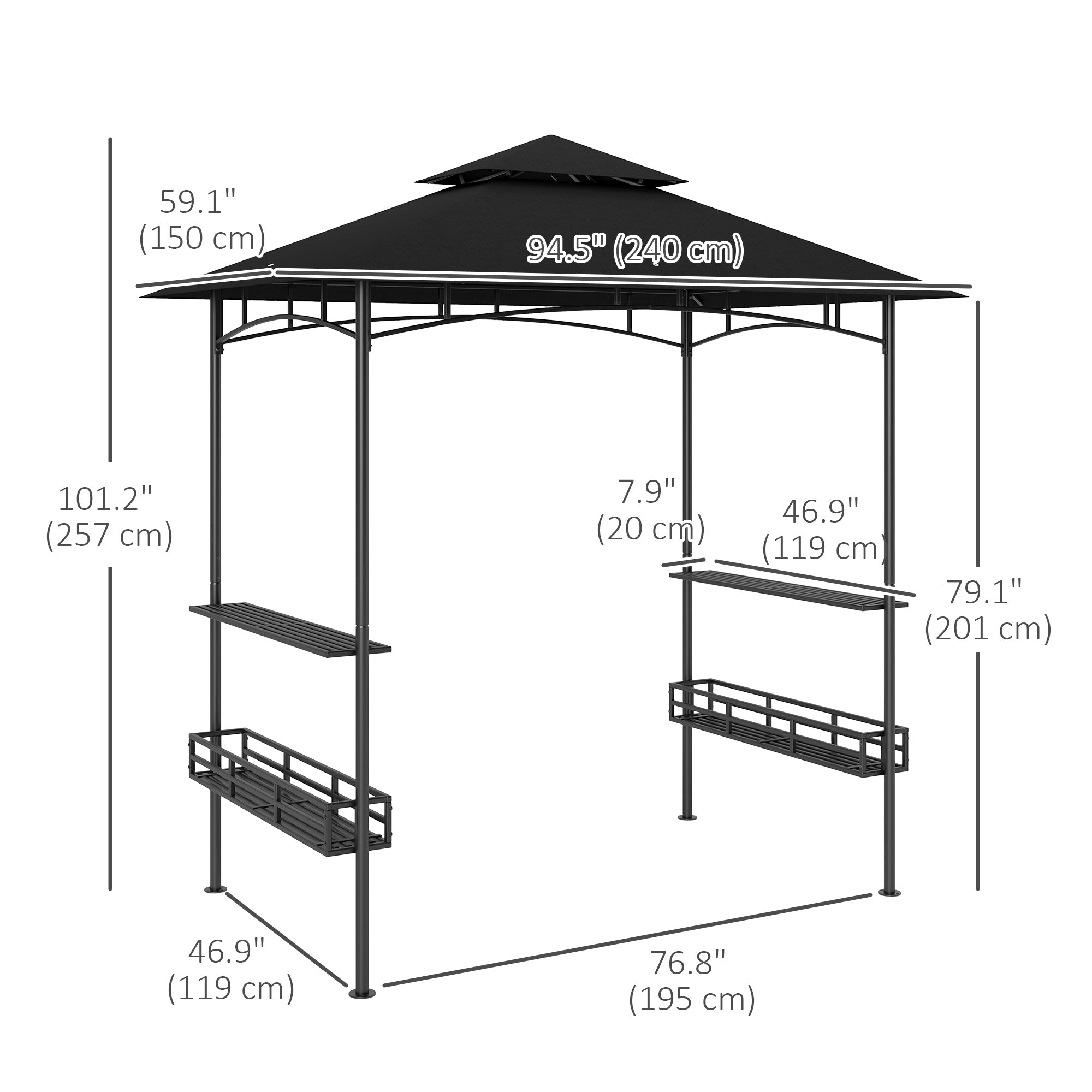 8' x 5' 2-Tier BBQ Gazebo with Shelves - Dark Grey-DECOROLALA