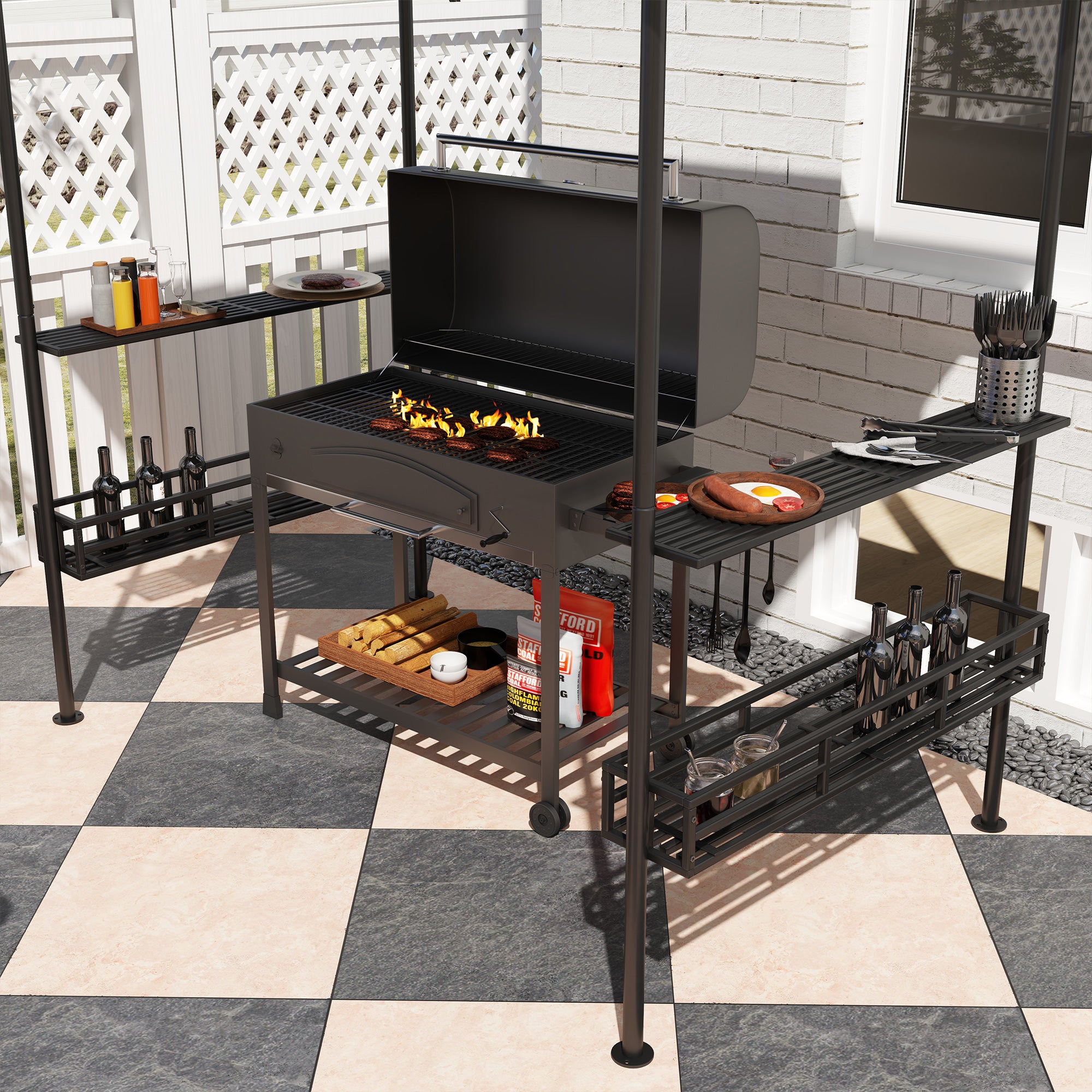 8' x 5' 2-Tier BBQ Gazebo with Shelves - Dark Grey-DECOROLALA