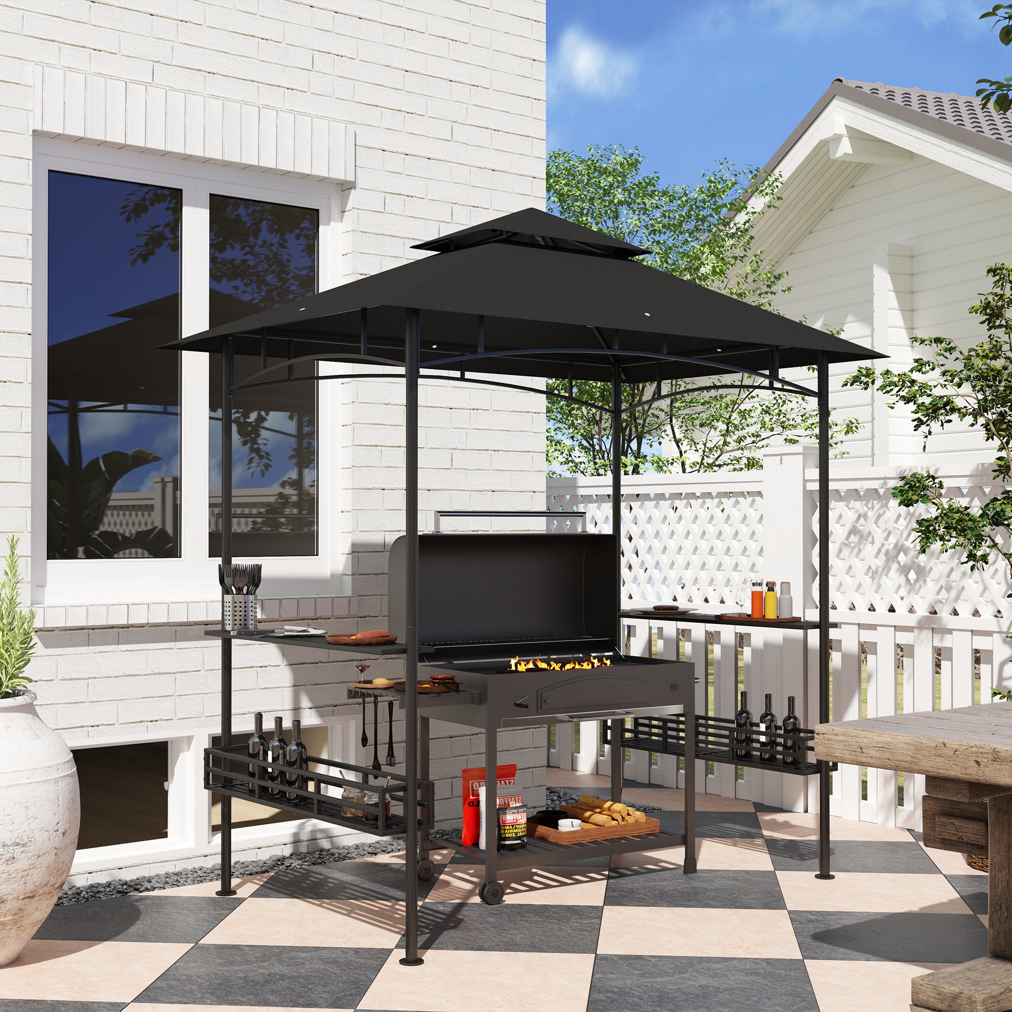 8' x 5' 2-Tier BBQ Gazebo with Shelves - Dark Grey-DECOROLALA