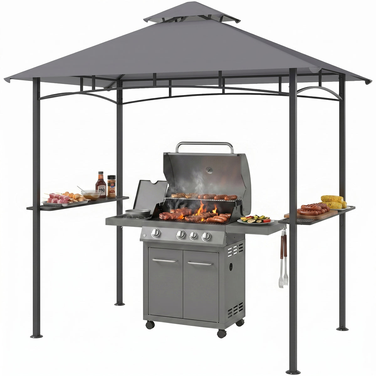 8' x 5' BBQ Grill Gazebo - Double Tiered Canopy, Grey-Patio & Garden > BBQs & Grills > BBQ Grill Gazebos-DECOROLALA