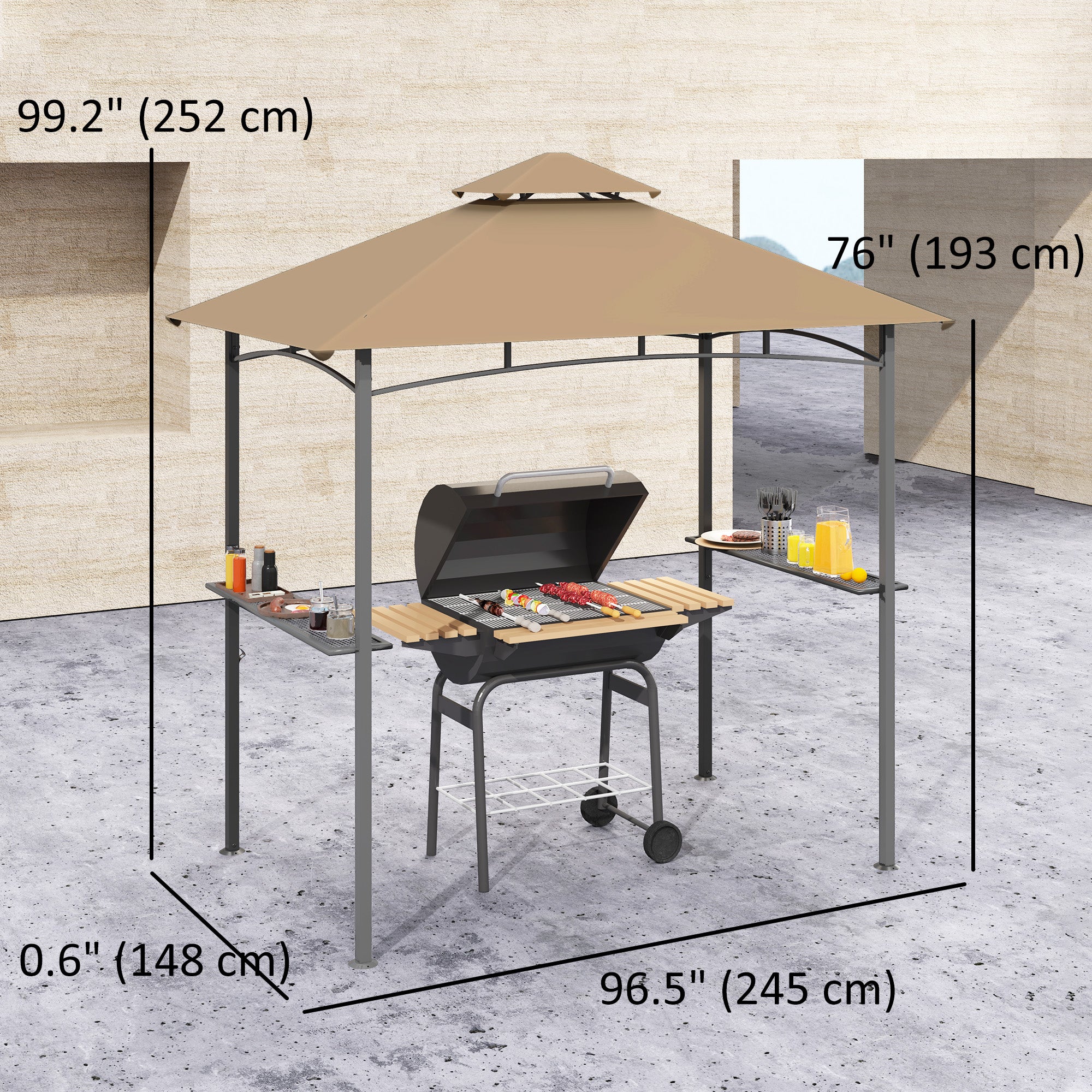 8' x 5' BBQ Grill Tent with Double Canopy, Khaki-DECOROLALA