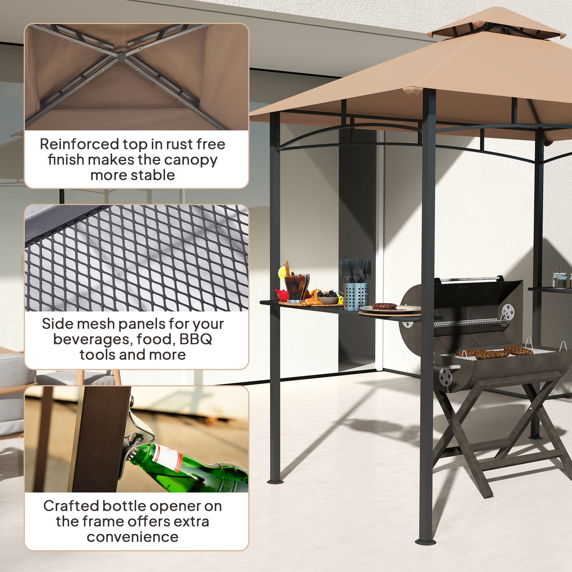 8' x 5' BBQ Grill Tent with Double Canopy, Khaki-DECOROLALA