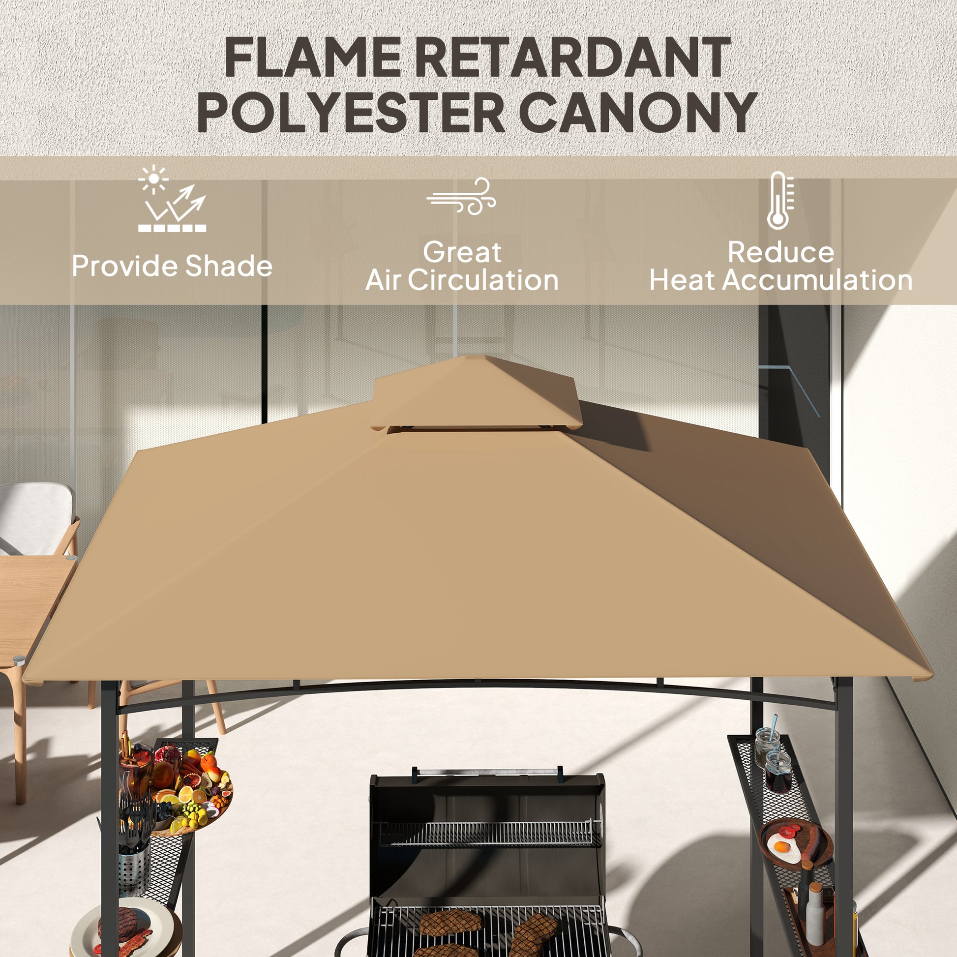 8' x 5' BBQ Grill Tent with Double Canopy, Khaki-DECOROLALA