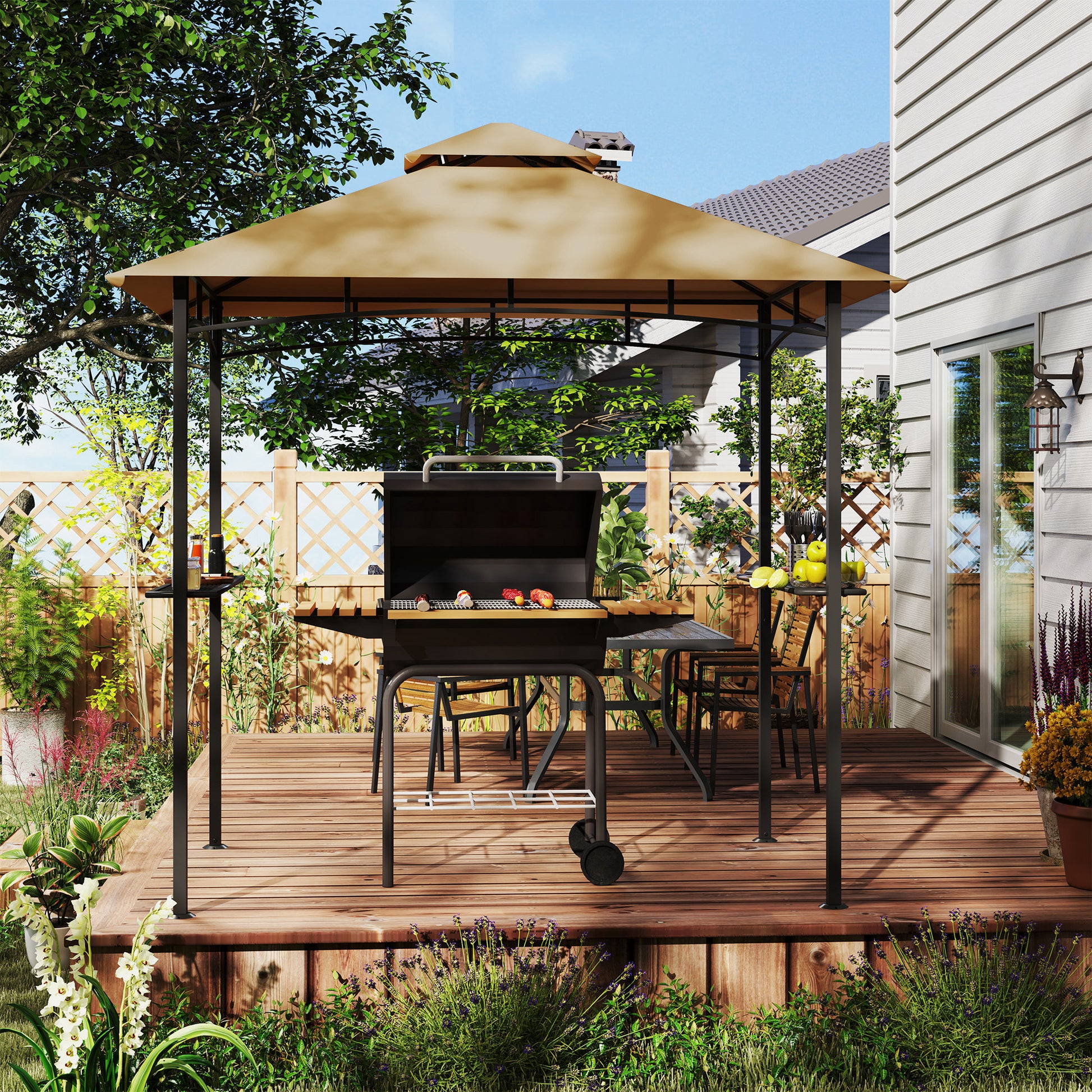 8' x 5' BBQ Grill Tent with Double Canopy, Khaki-DECOROLALA