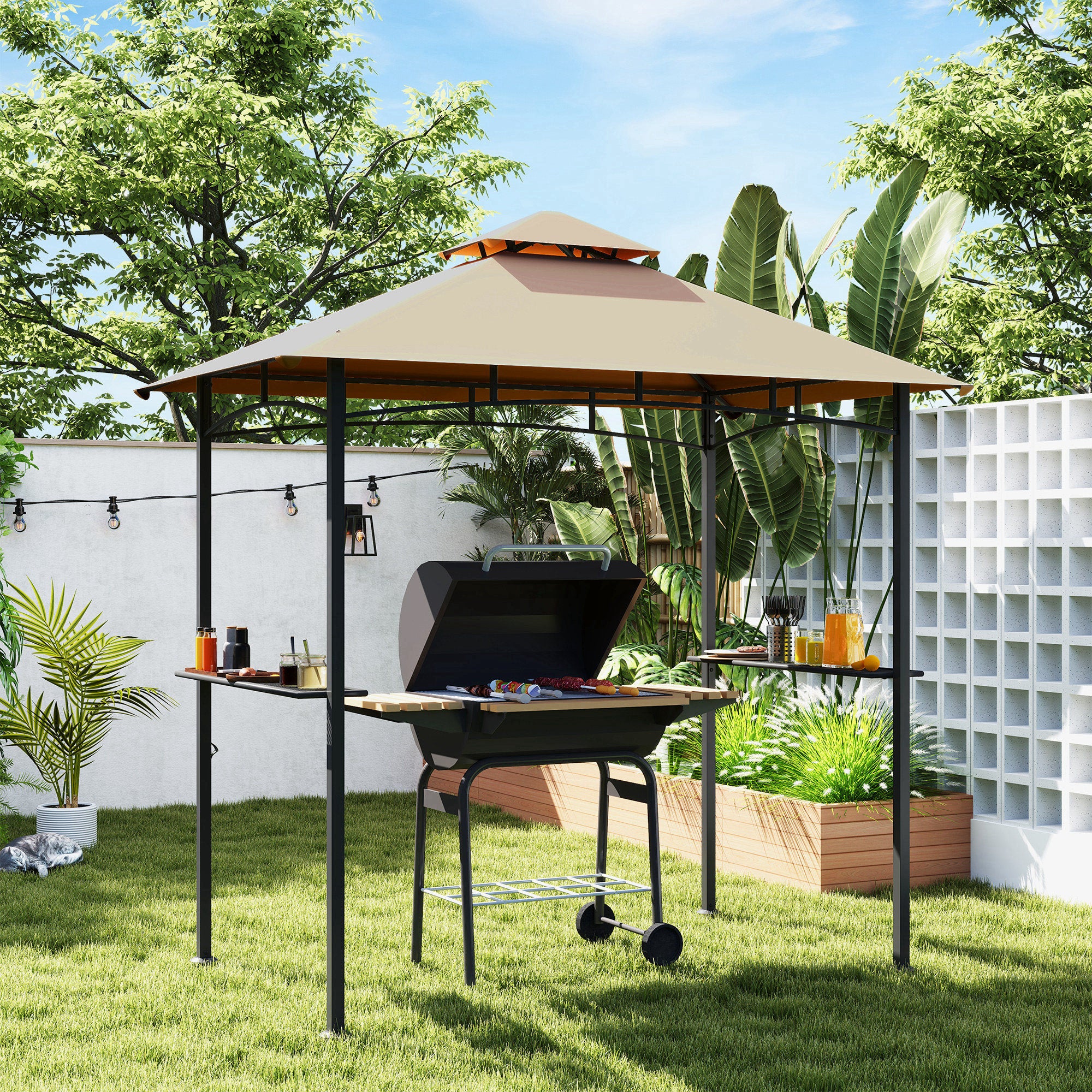 8' x 5' BBQ Grill Tent with Double Canopy, Khaki-DECOROLALA