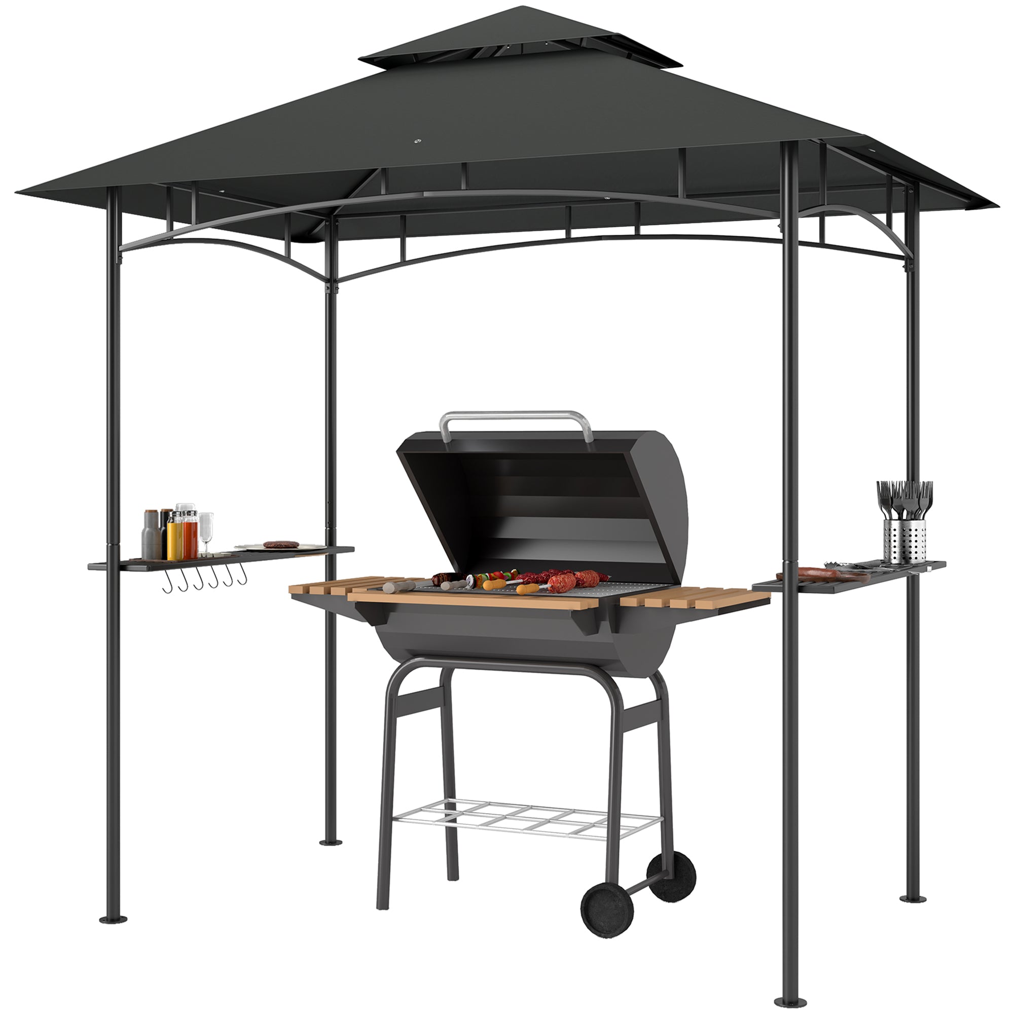 8' x 5' Grill Gazebo Double Tier with Shelves Dark Grey-DECOROLALA