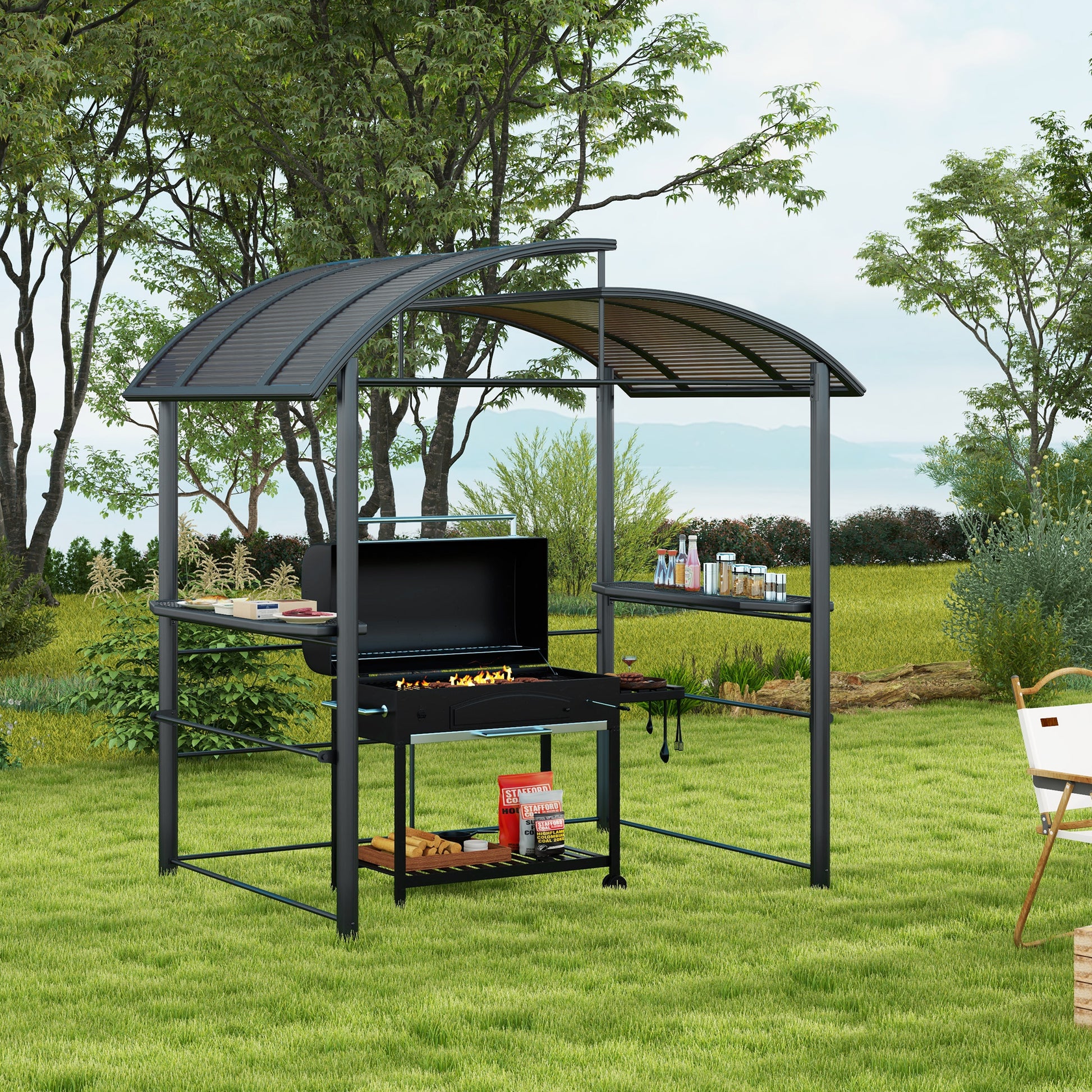 8' x 5' Grill Gazebo - Hardtop BBQ Tent with Shelves Grey-DECOROLALA