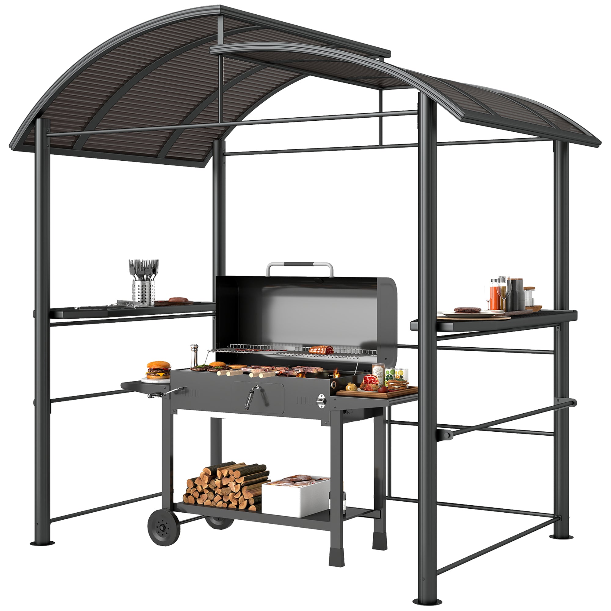 8' x 5' Grill Gazebo - Hardtop BBQ Tent with Shelves Grey-DECOROLALA