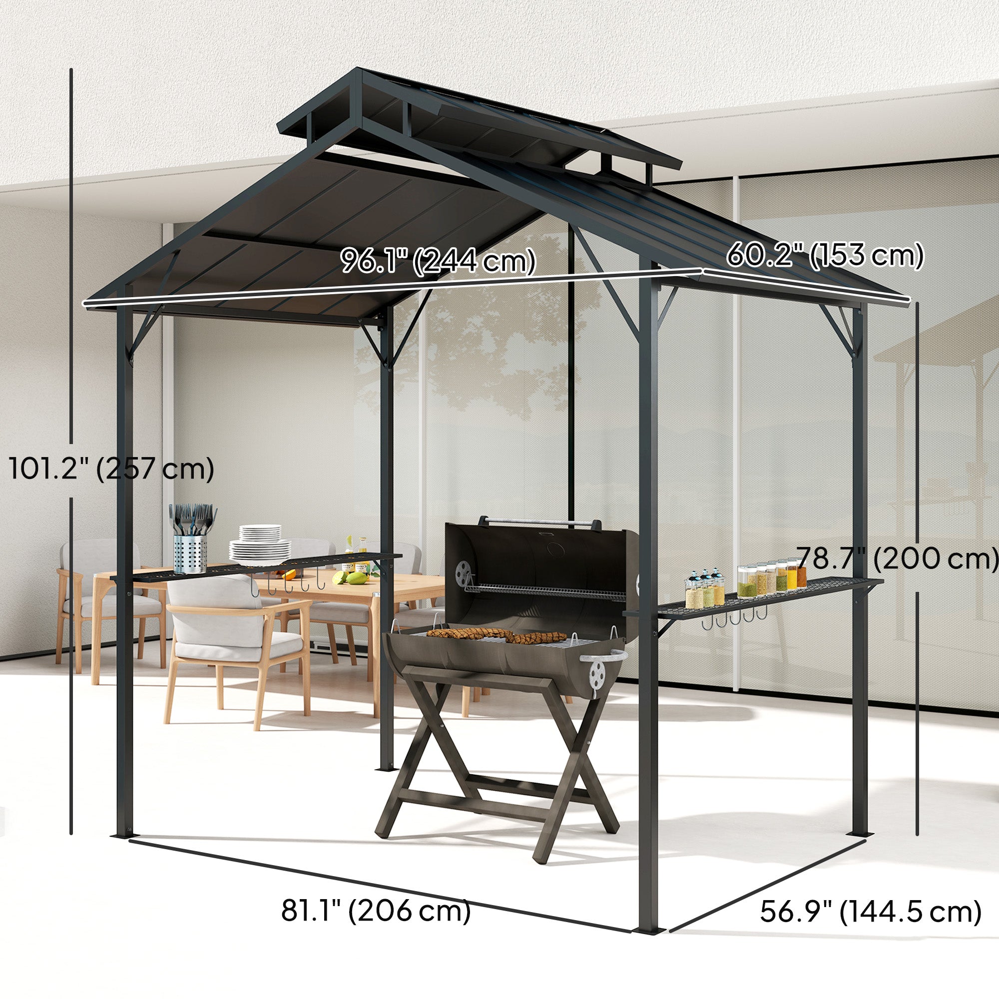 8' x 5' Hardtop Grill Gazebo - Black Metal Double Roof-DECOROLALA