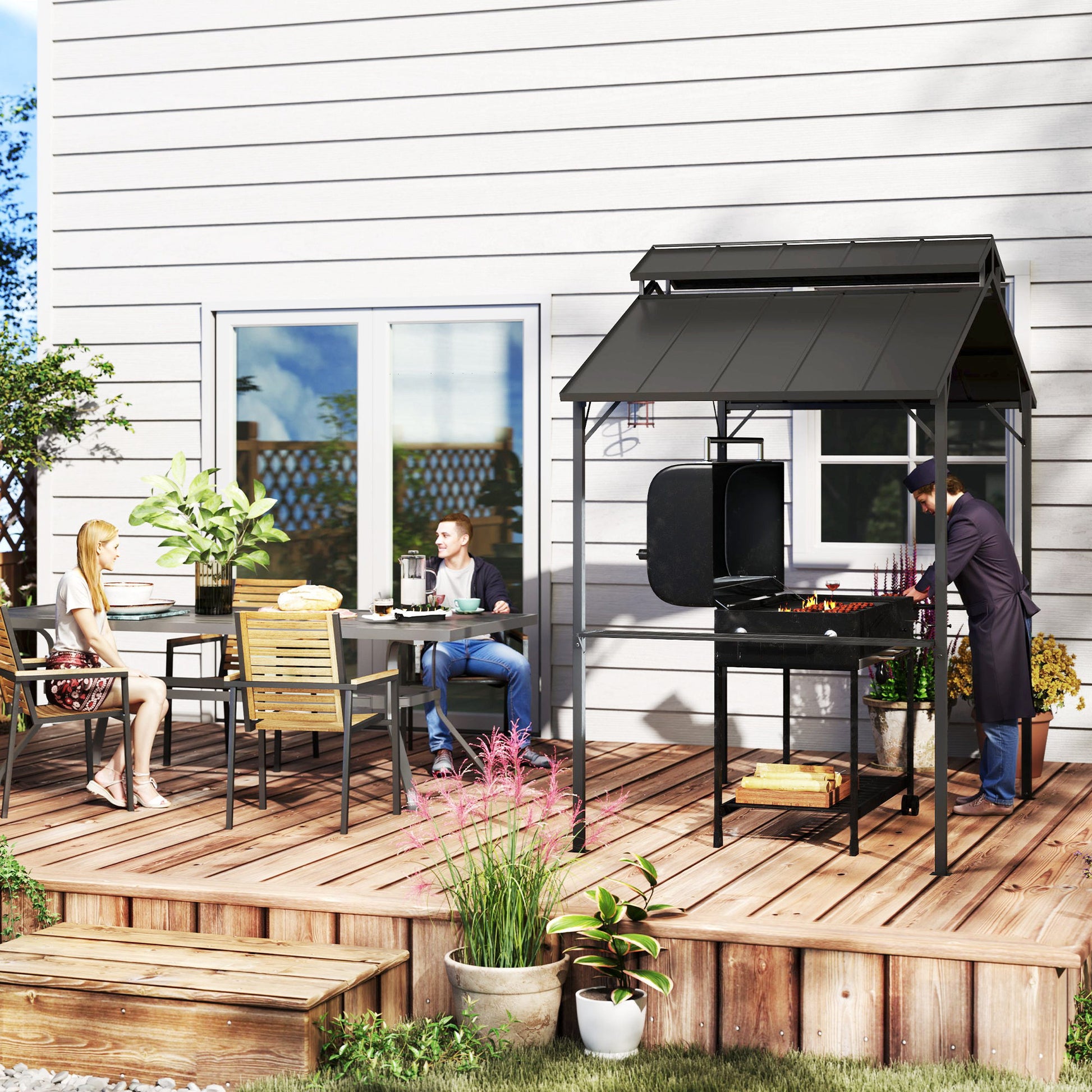 8' x 5' Hardtop Grill Gazebo - Black Metal Double Roof-DECOROLALA
