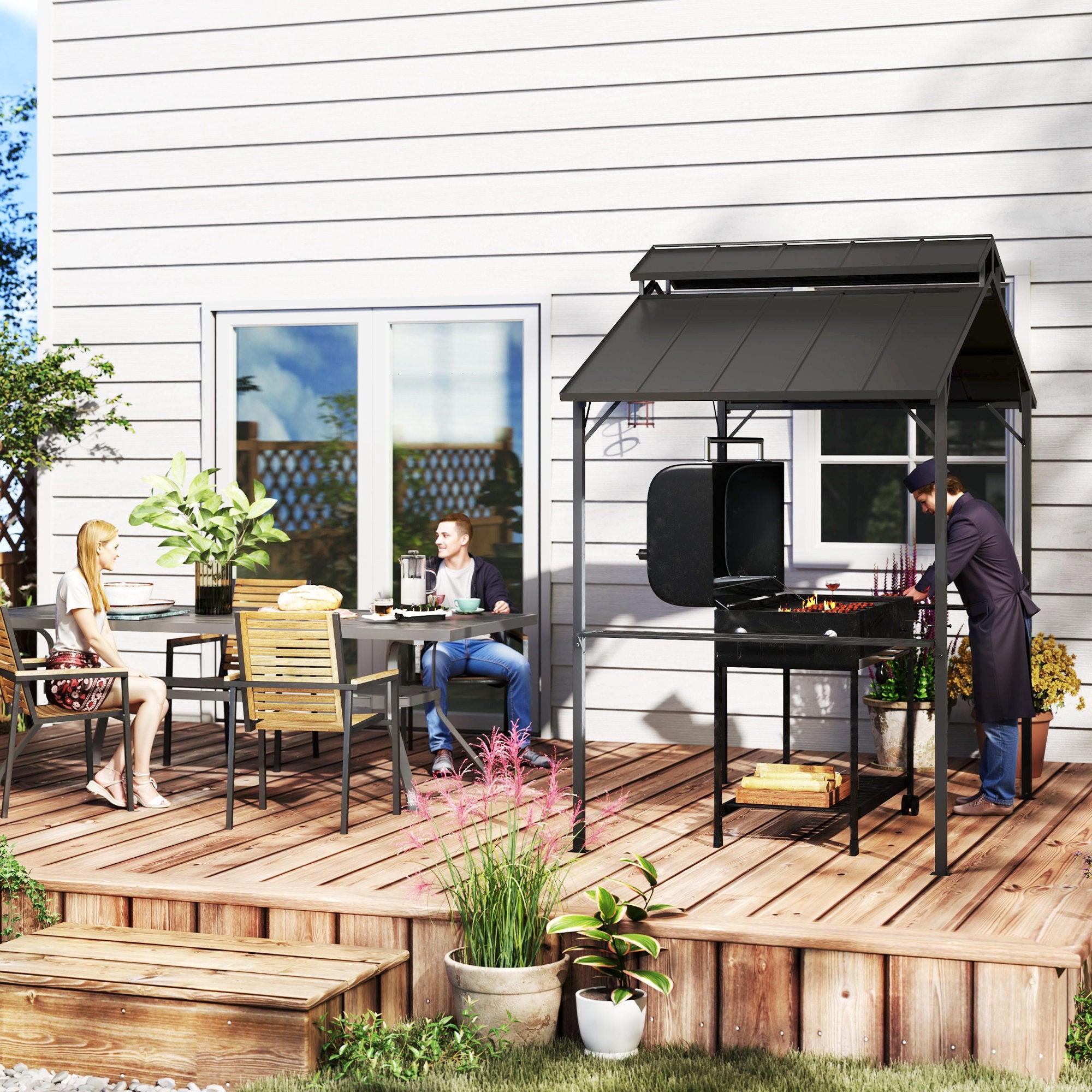 8' x 5' Hardtop Grill Gazebo - Black Metal Double Roof-DECOROLALA