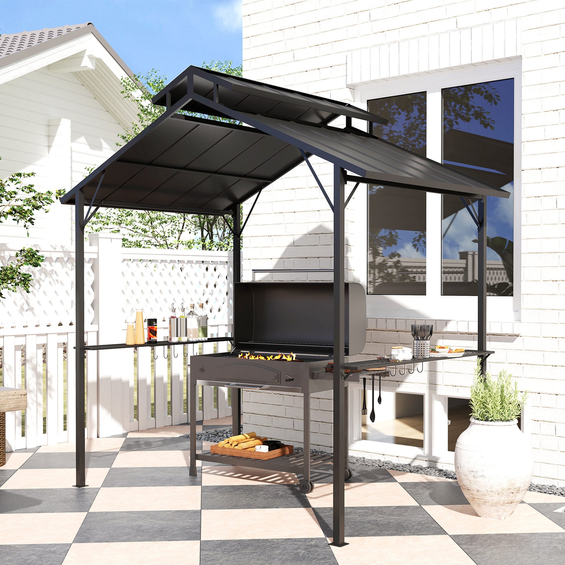 8' x 5' Hardtop Grill Gazebo - Black Metal Double Roof-DECOROLALA