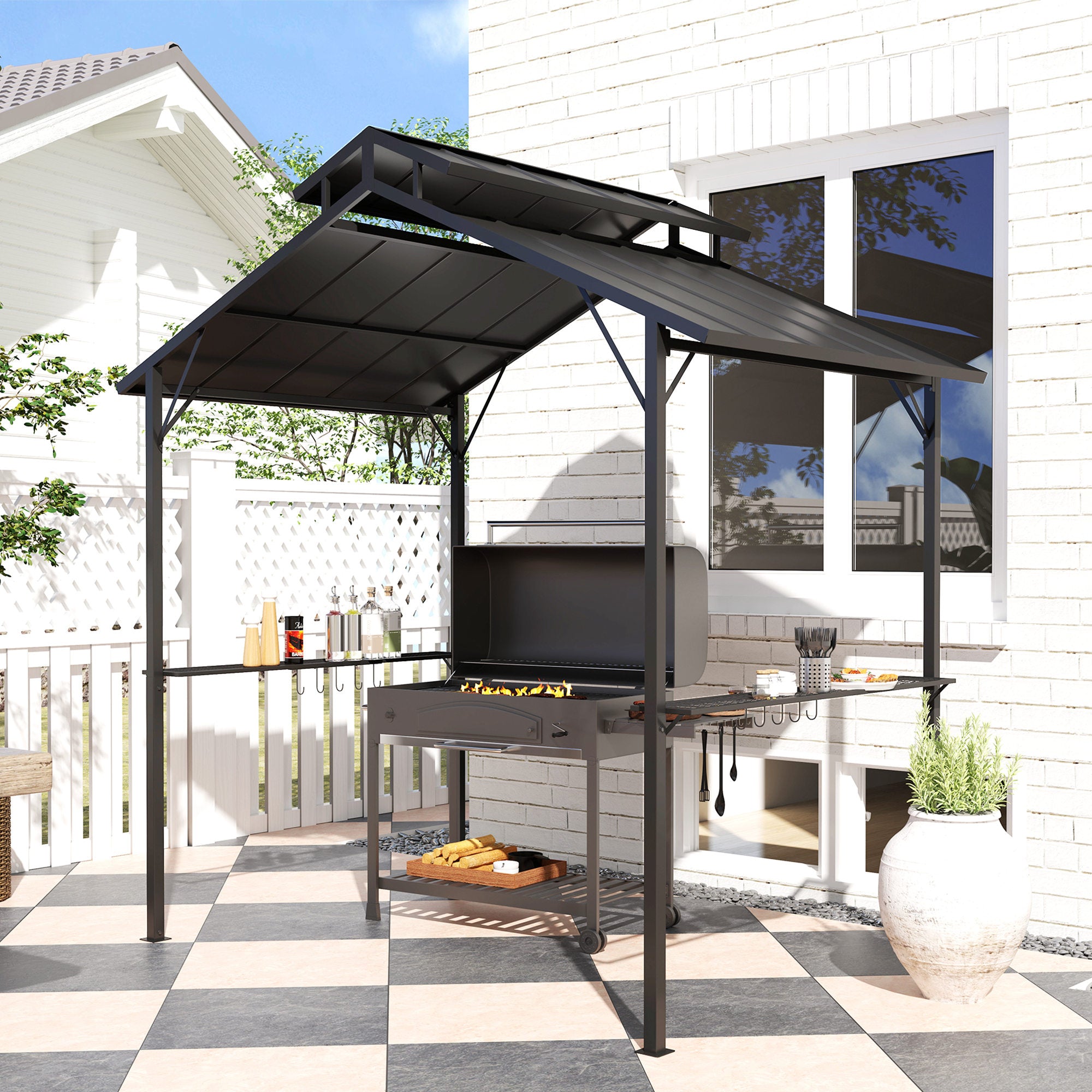 8' x 5' Hardtop Grill Gazebo - Black Metal Double Roof-DECOROLALA