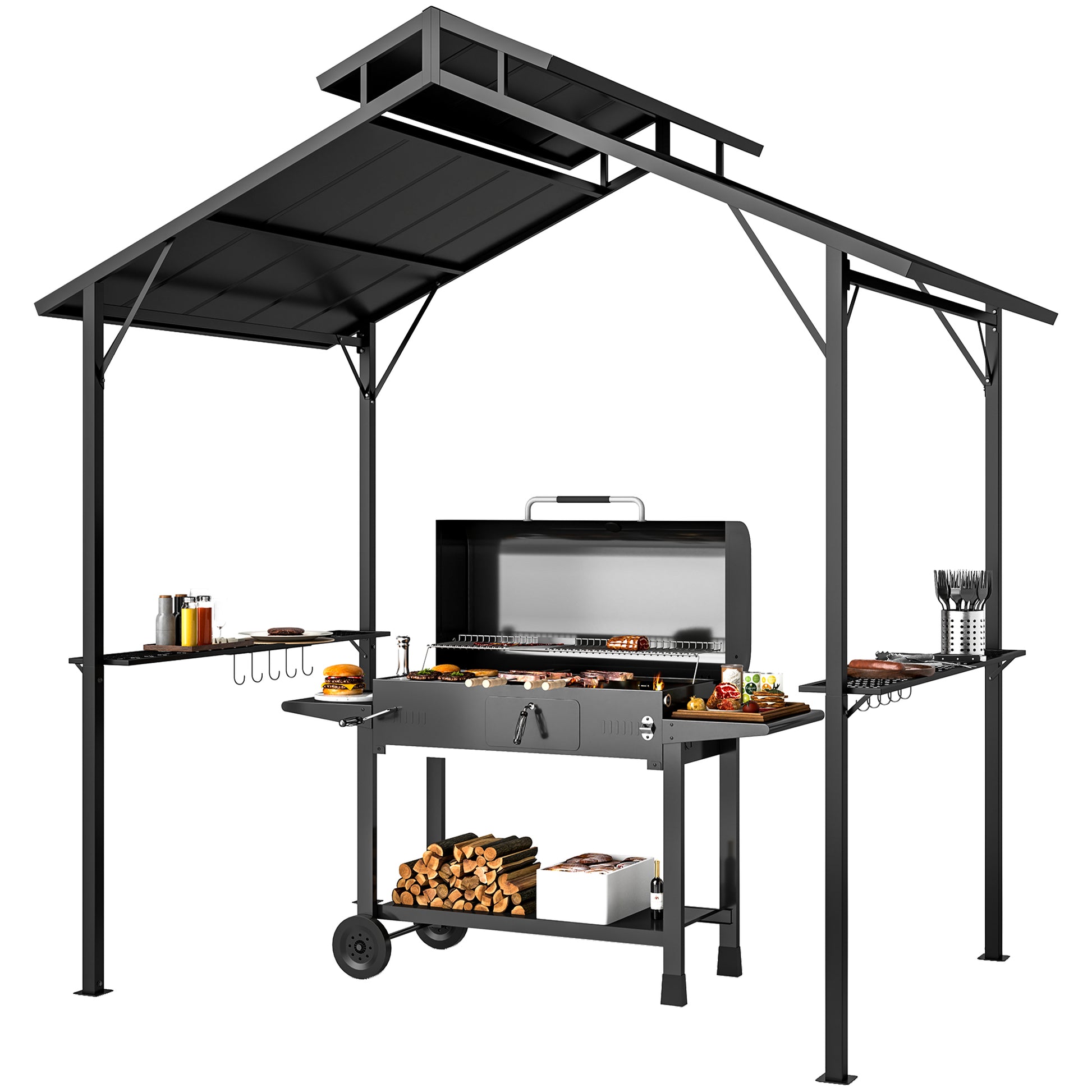 8' x 5' Hardtop Grill Gazebo - Black Metal Double Roof-DECOROLALA